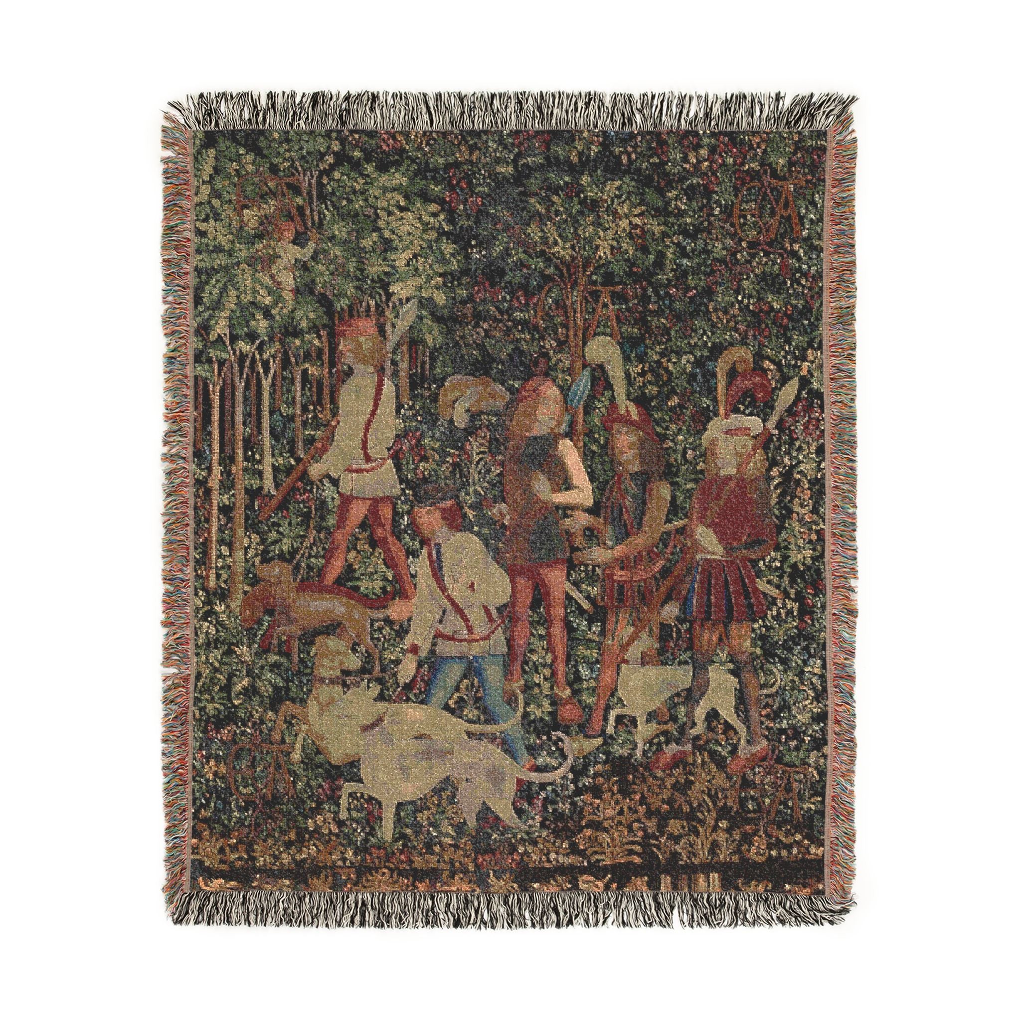The Hunters Enter the Woods Woven Blanket, Medieval Unicorn Tapestry Art Throw