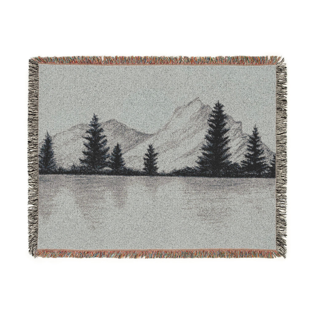 Mountain Lake Reflection Woven Blanket | Scenic Pine Trees, Neutral Tones