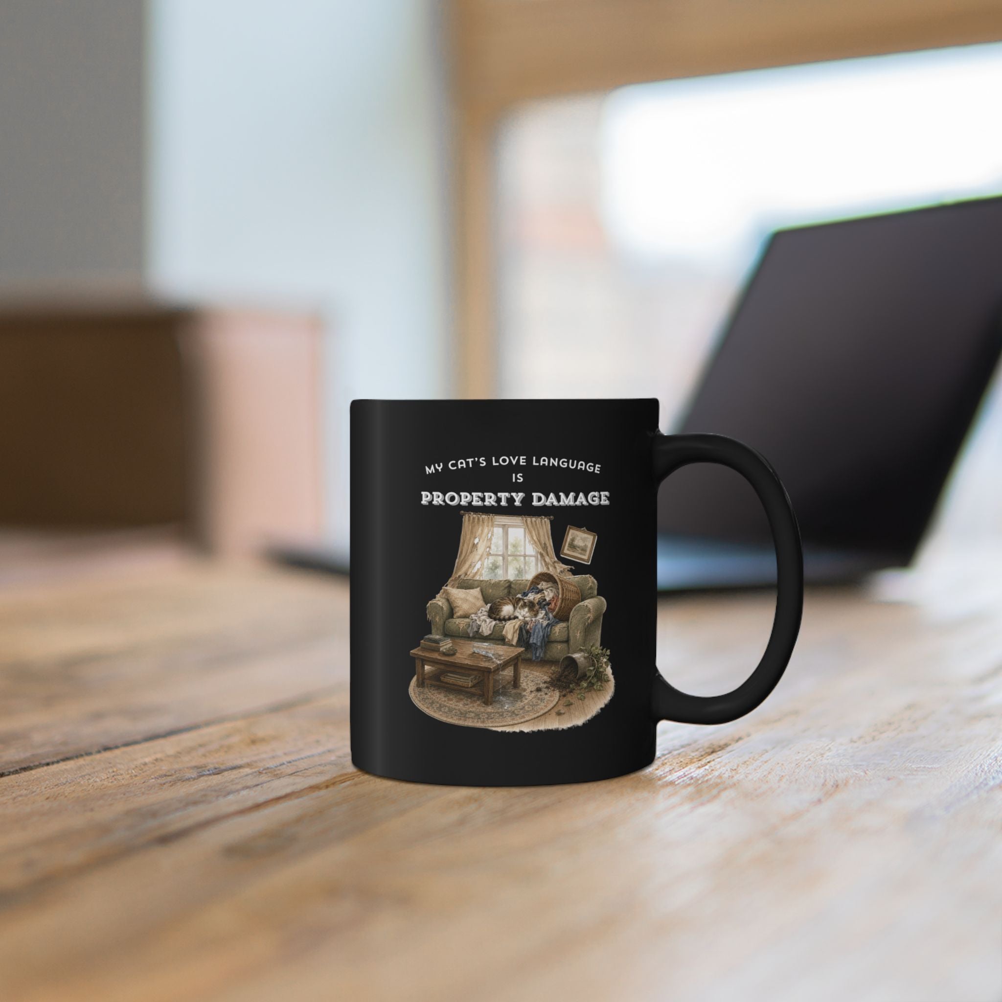 My Cat's Love Language is Property Damage Mug, Funny Cat Humor, Black Ceramic