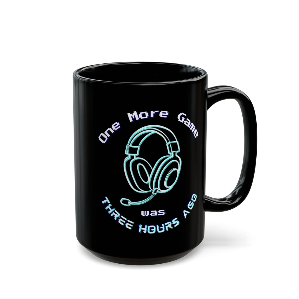 One More Game Was Three Hours Ago Mug, Funny Gamer Humor, Retro Neon Black Ceramic