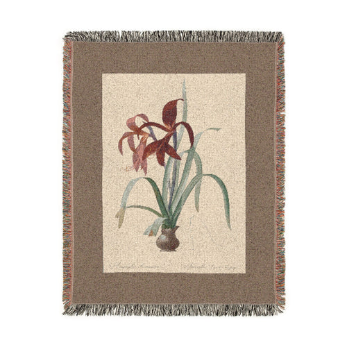 A rectangular woven blanket with fringed edges featuring Amaryllis formosissima from Pierre-Joseph Redouté's Les Liliacées, depicting scarlet-red blooms above long green leaves, with the bulb and roots included as part of the study on a cream background all within a taupe border. Shown on a solid white background.
