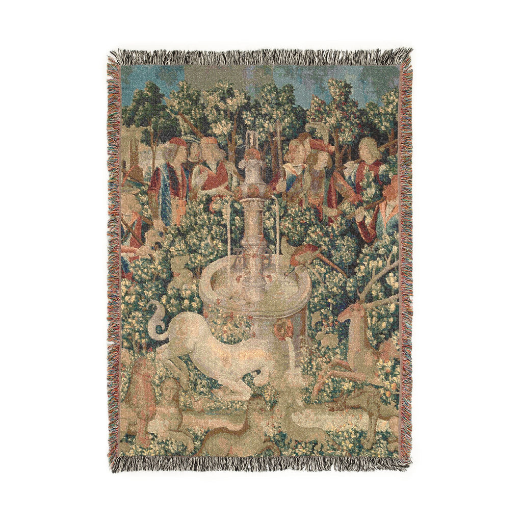 The Unicorn Purifies Water Woven Blanket, Medieval Unicorn Tapestry Art Throw