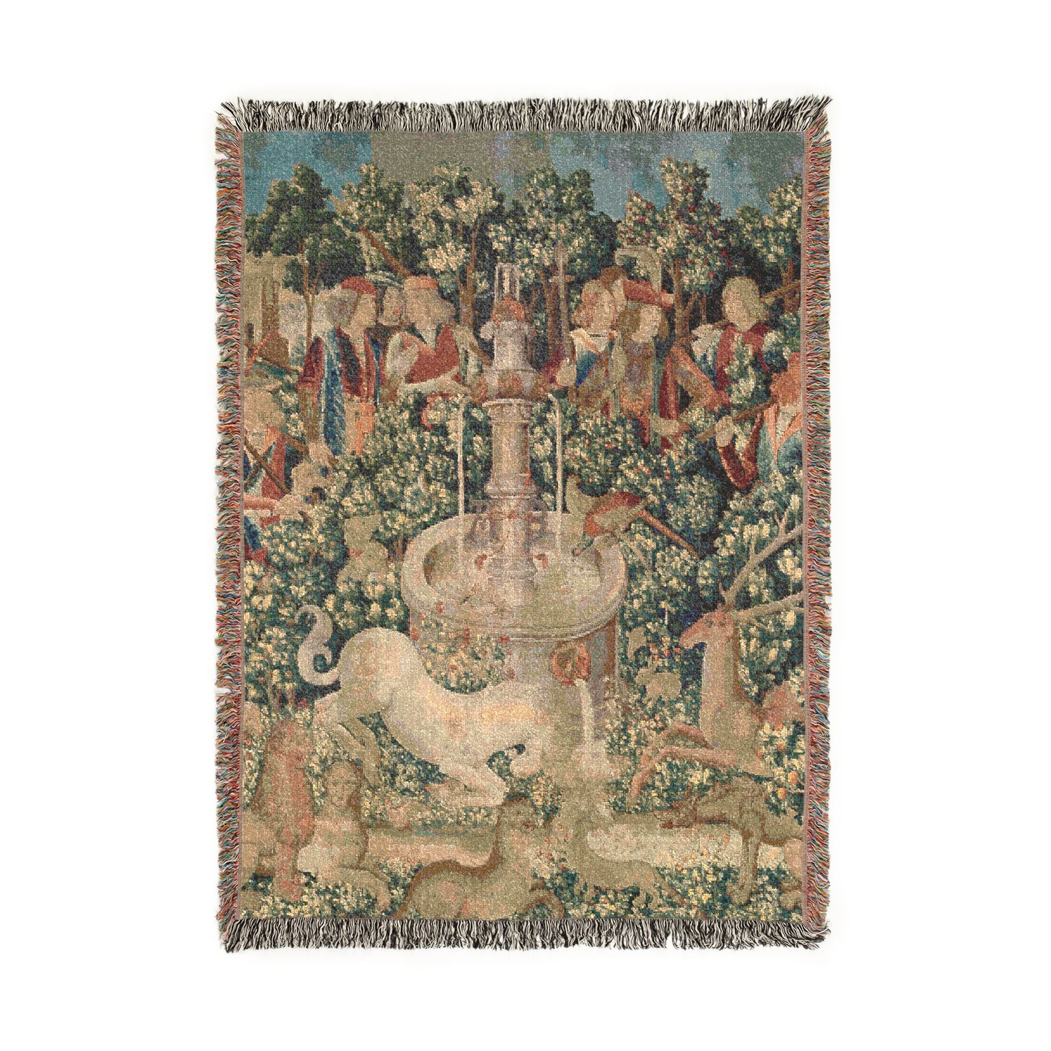 The Unicorn Purifies Water Woven Blanket, Medieval Unicorn Tapestry Art Throw