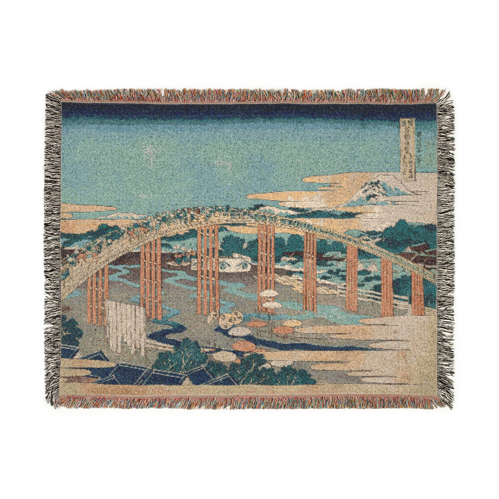 Yahagi Bridge at Okazaki Woven Blanket, Katsushika Hokusai, Blue Toned Japanese Woodblock Art