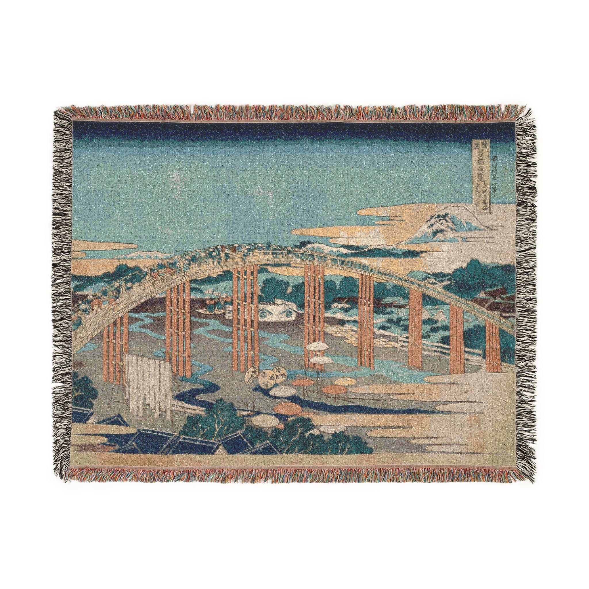 Yahagi Bridge at Okazaki Woven Blanket, Katsushika Hokusai, Blue Toned Japanese Woodblock Art