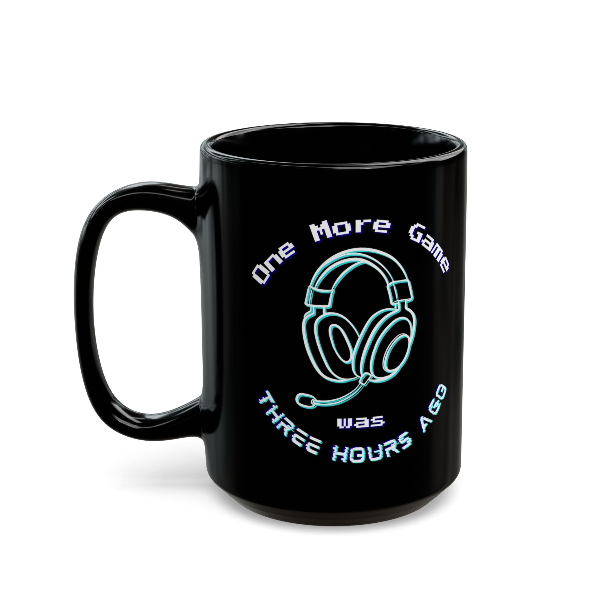 One More Game Was Three Hours Ago Mug, Funny Gamer Humor, Retro Neon Black Ceramic