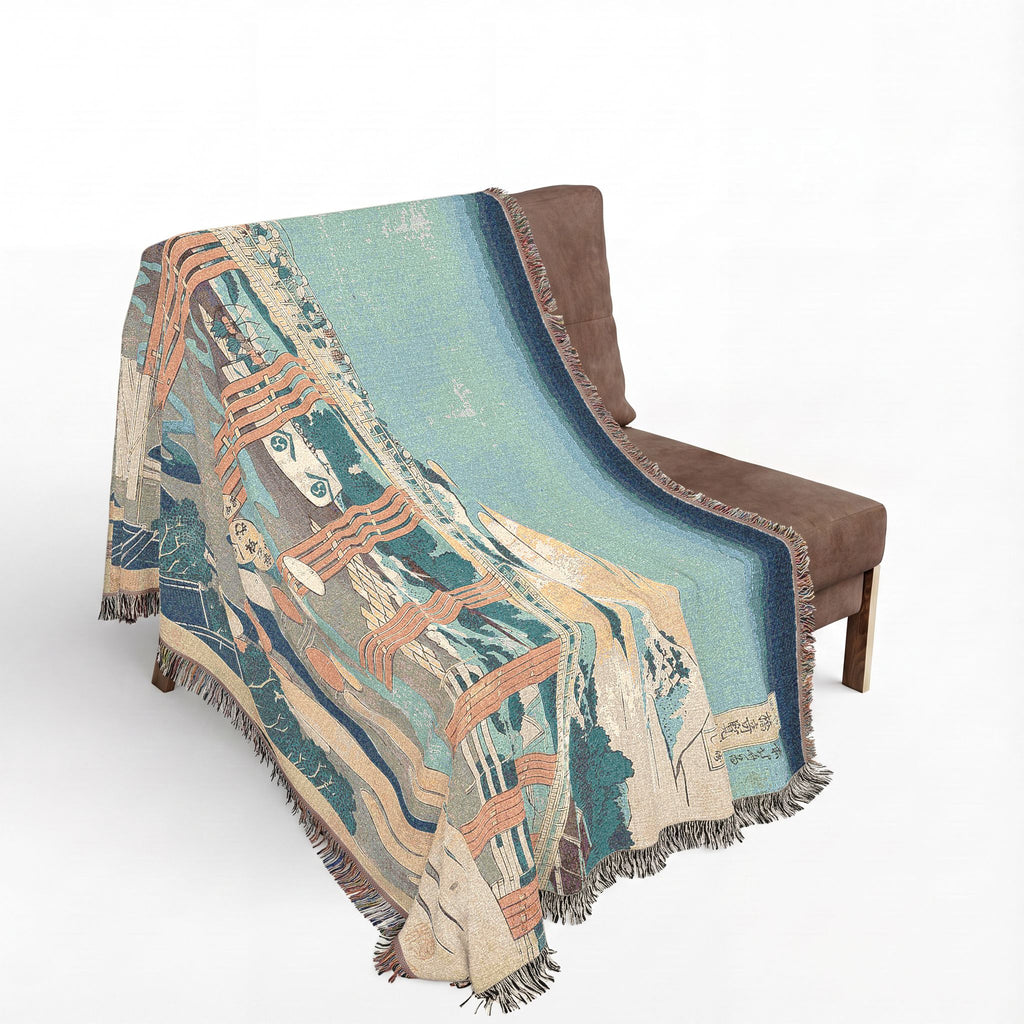 Yahagi Bridge at Okazaki Woven Blanket, Katsushika Hokusai, Blue Toned Japanese Woodblock Art