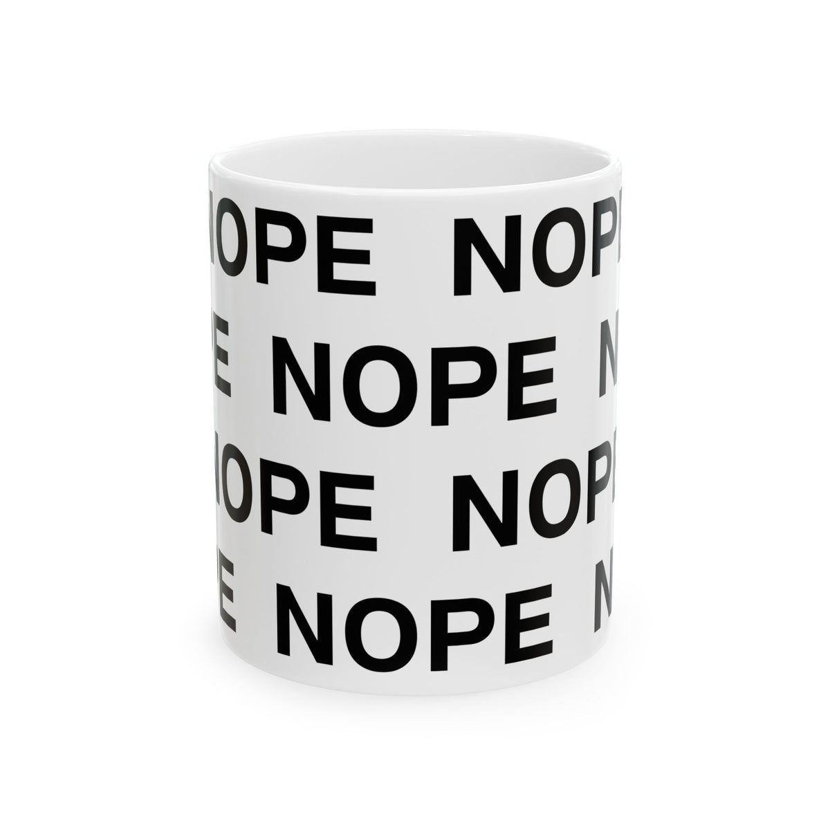 An 11 oz white ceramic mug with a repeating black text pattern reading 'NOPE' on a clean white background.