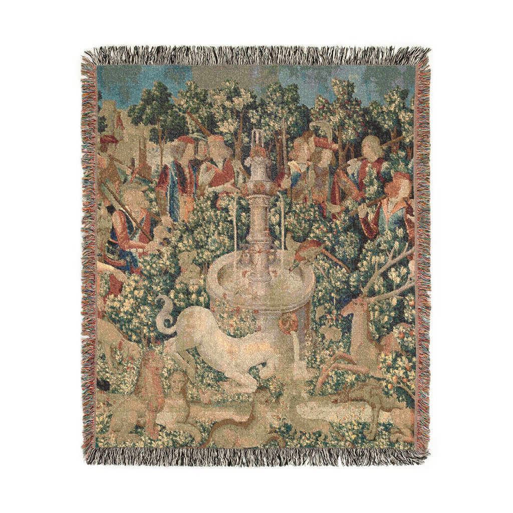 The Unicorn Purifies Water Woven Blanket, Medieval Unicorn Tapestry Art Throw