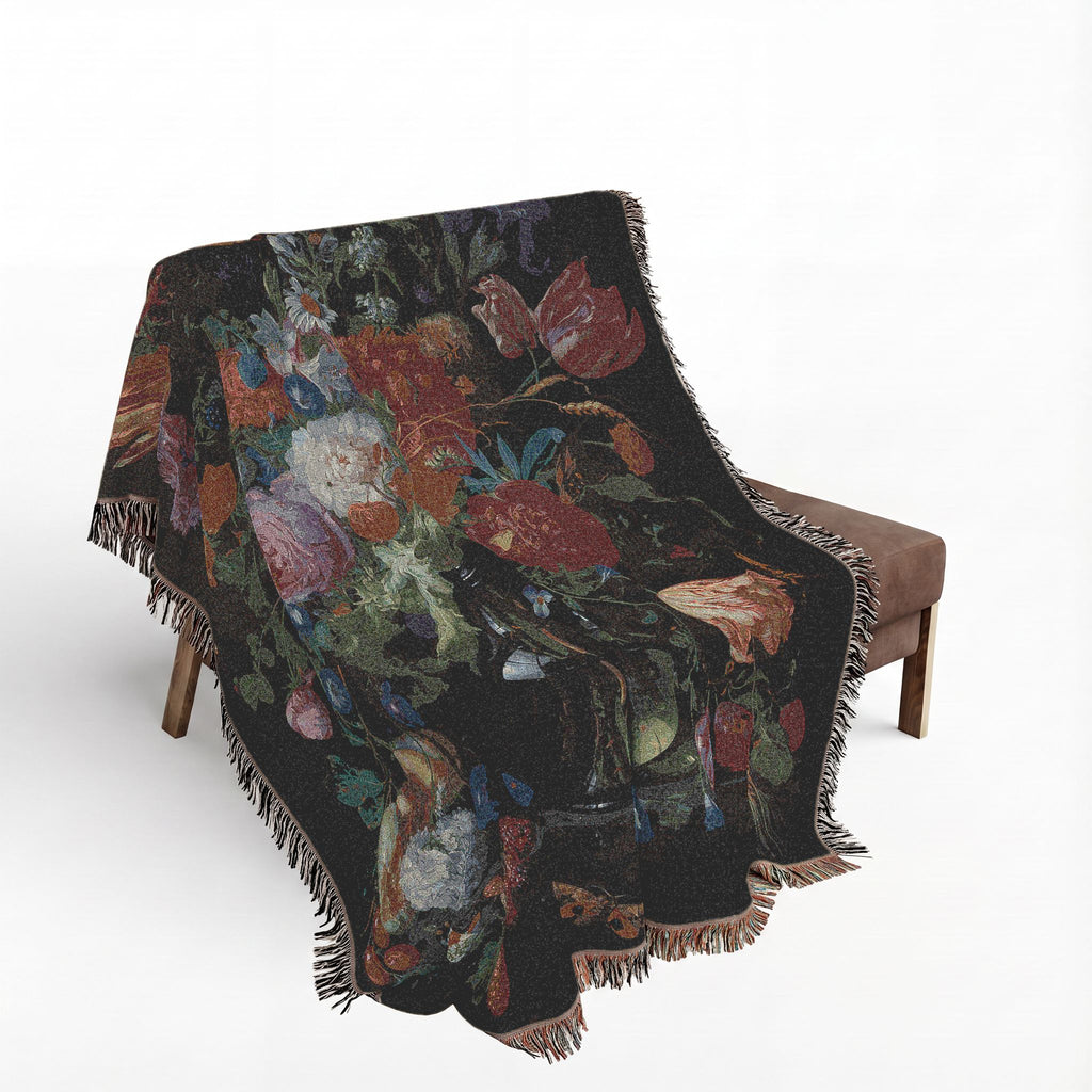Glass Vase with Flowers and Fruit Woven Blanket, Jan Davidsz. de Heem, Dutch Still Life Art