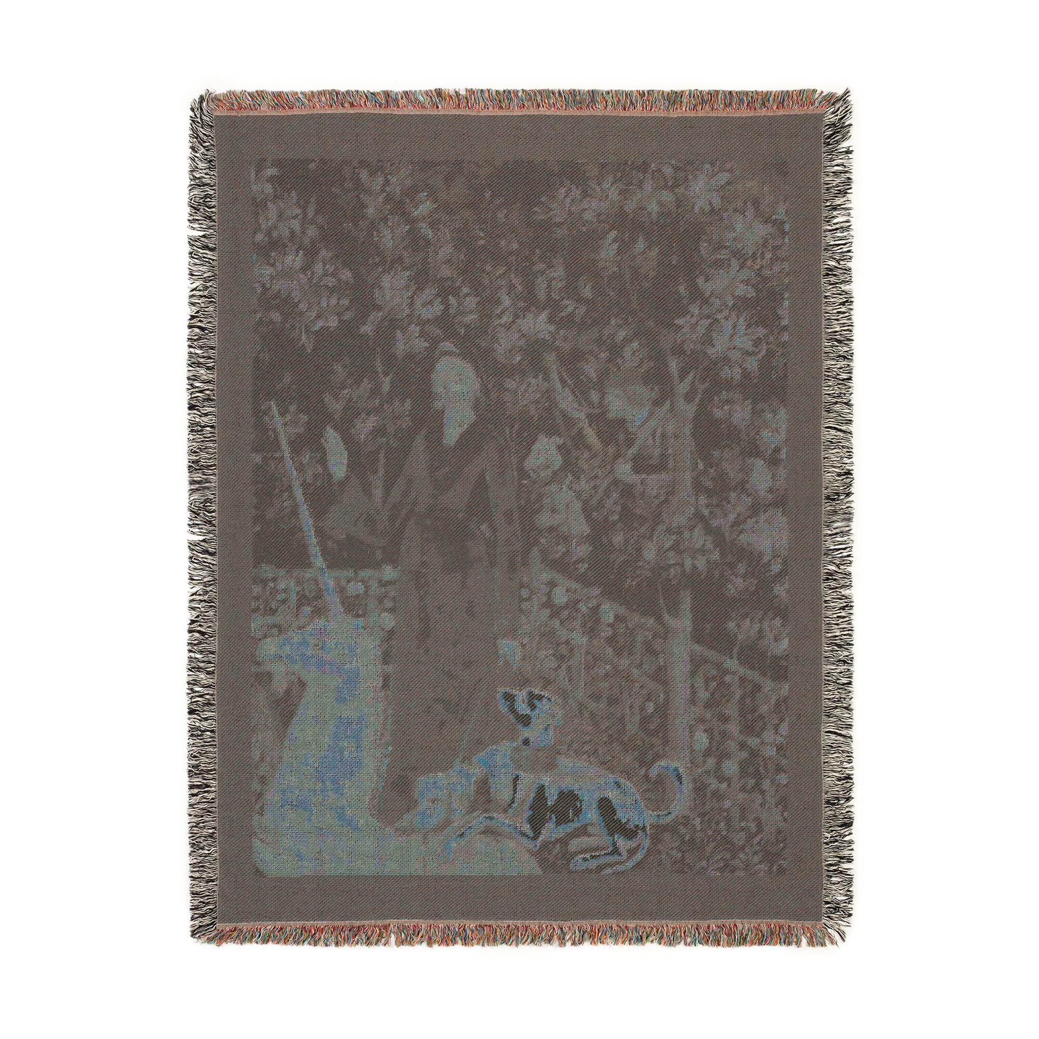 The Mystic Capture of the Unicorn Woven Blanket, Medieval Unicorn Tapestry Art Throw