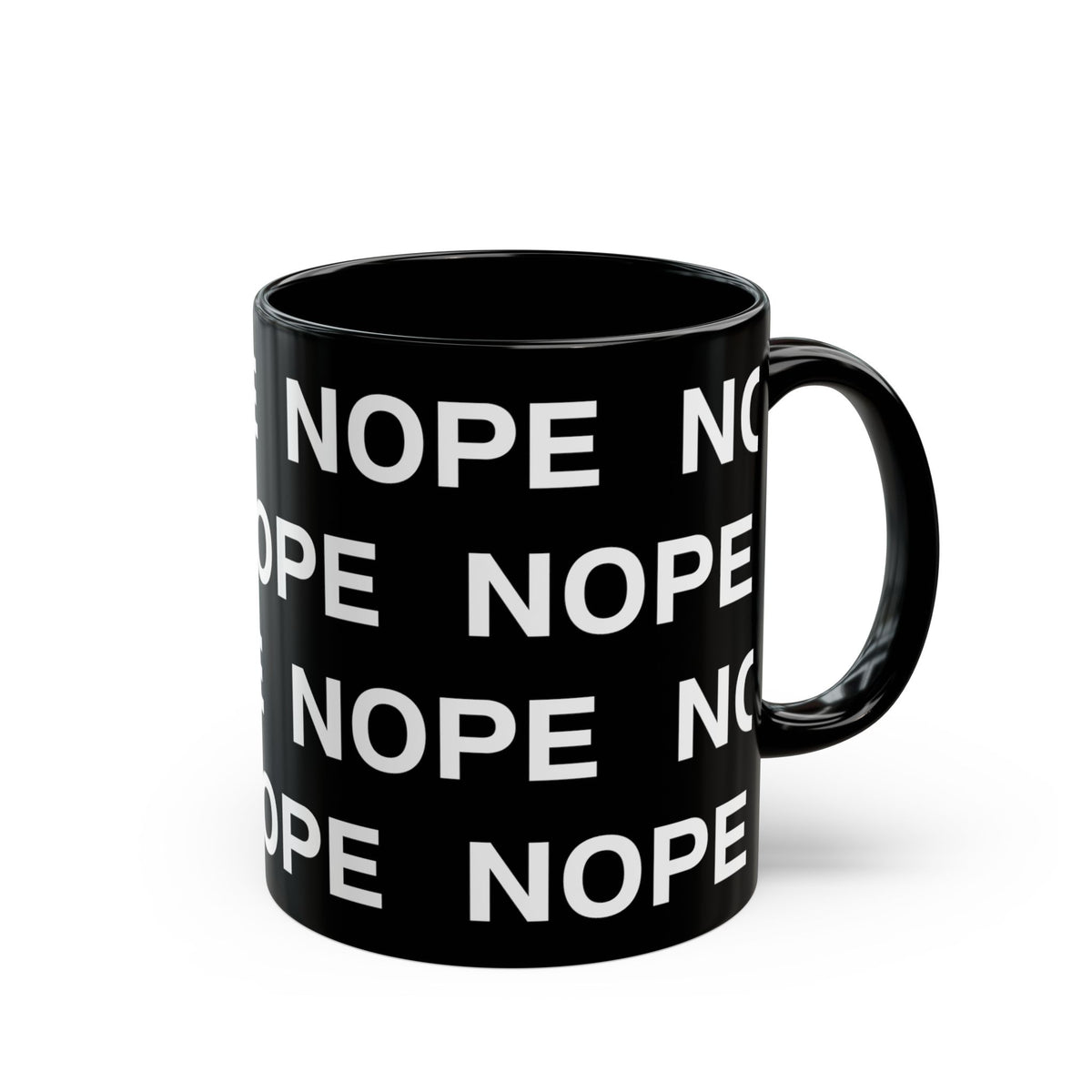 An 11oz black ceramic mug with a repeating white text pattern of 'NOPE' and a matching black handle facing right, shown on a clean white background.