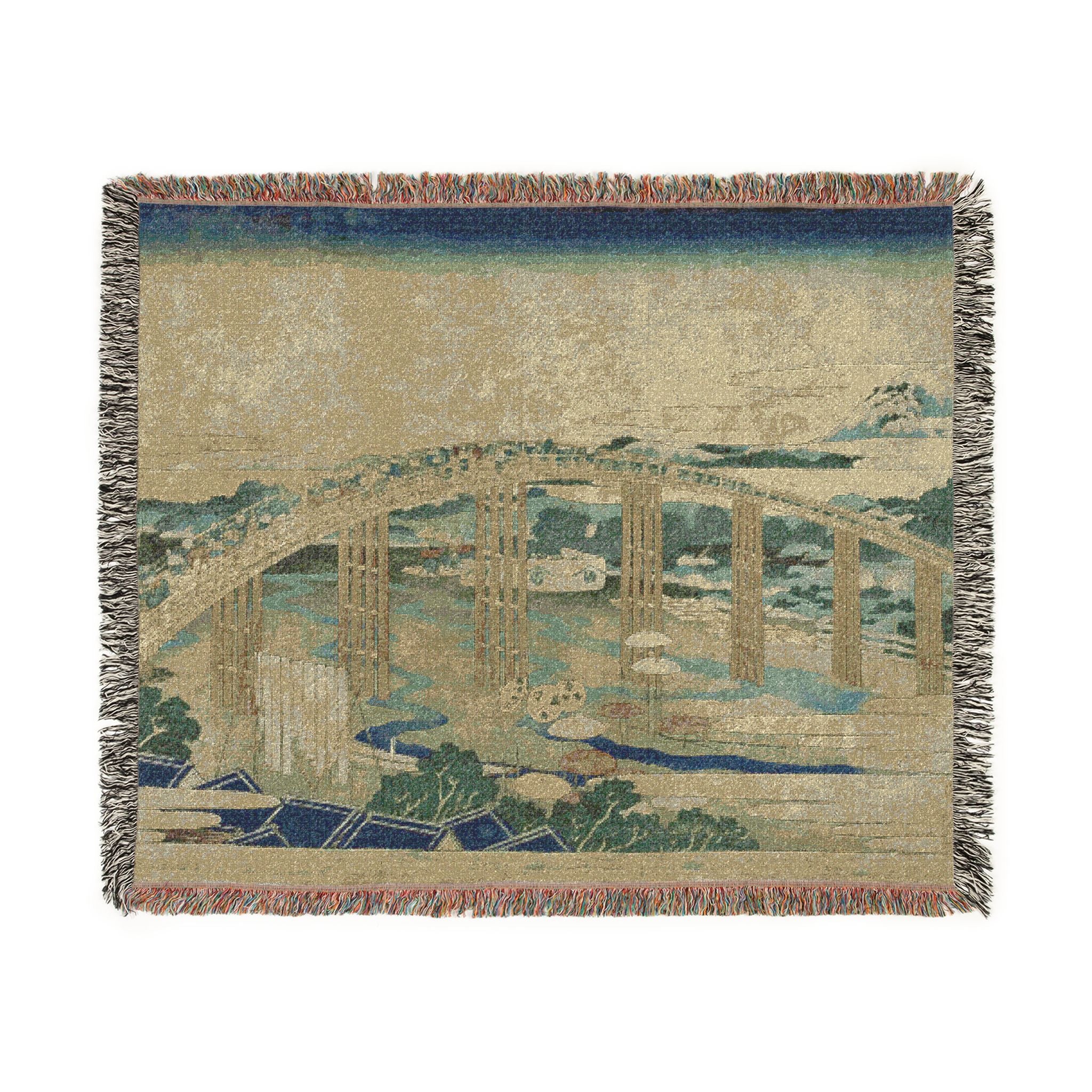 Yahagi Bridge at Okazaki Woven Blanket, Katsushika Hokusai, Muted Japanese Woodblock Art