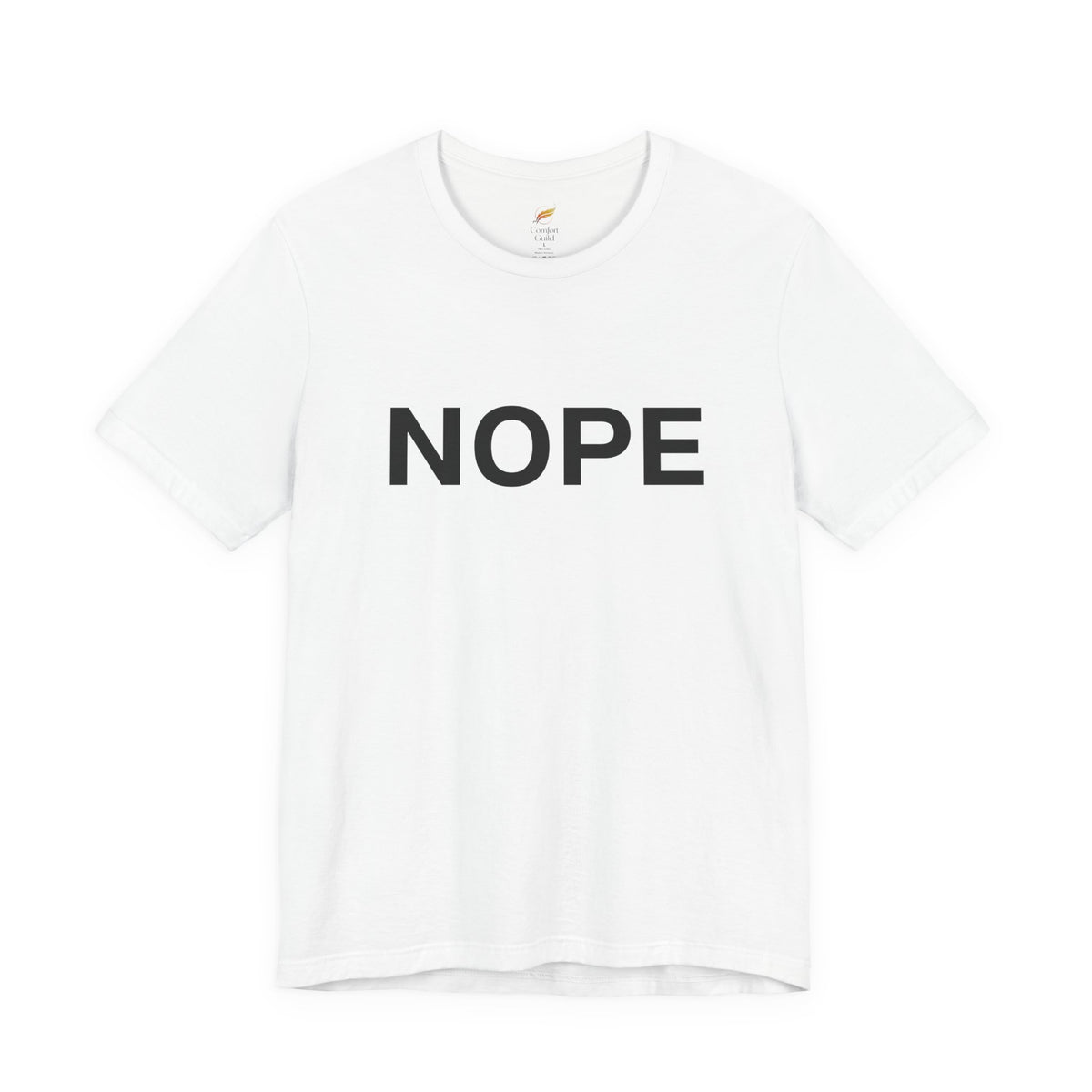 A white short-sleeve crewneck t-shirt with the word 'NOPE' printed in bold black capital letters across the chest, displayed on a clean white background.