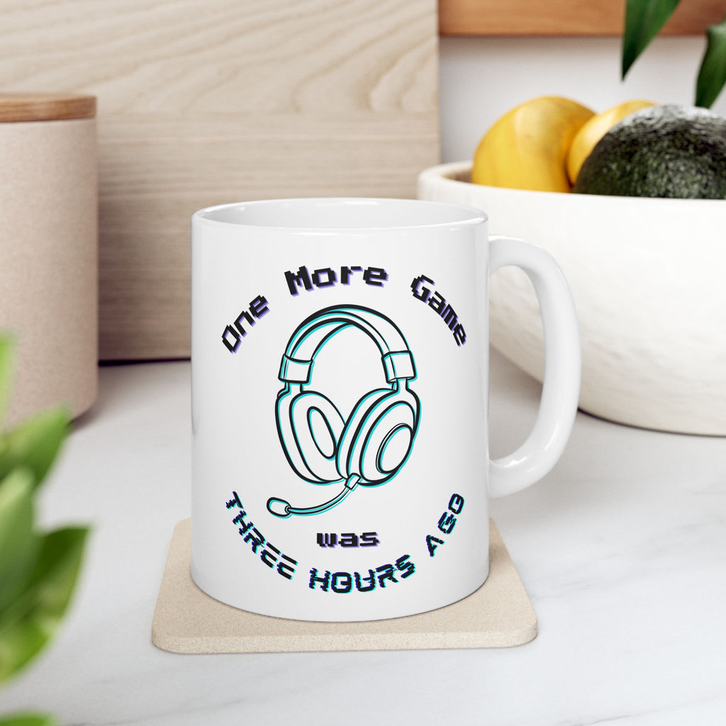 One More Game Was Three Hours Ago Mug, Funny Gamer Humor, Retro Neon White Ceramic