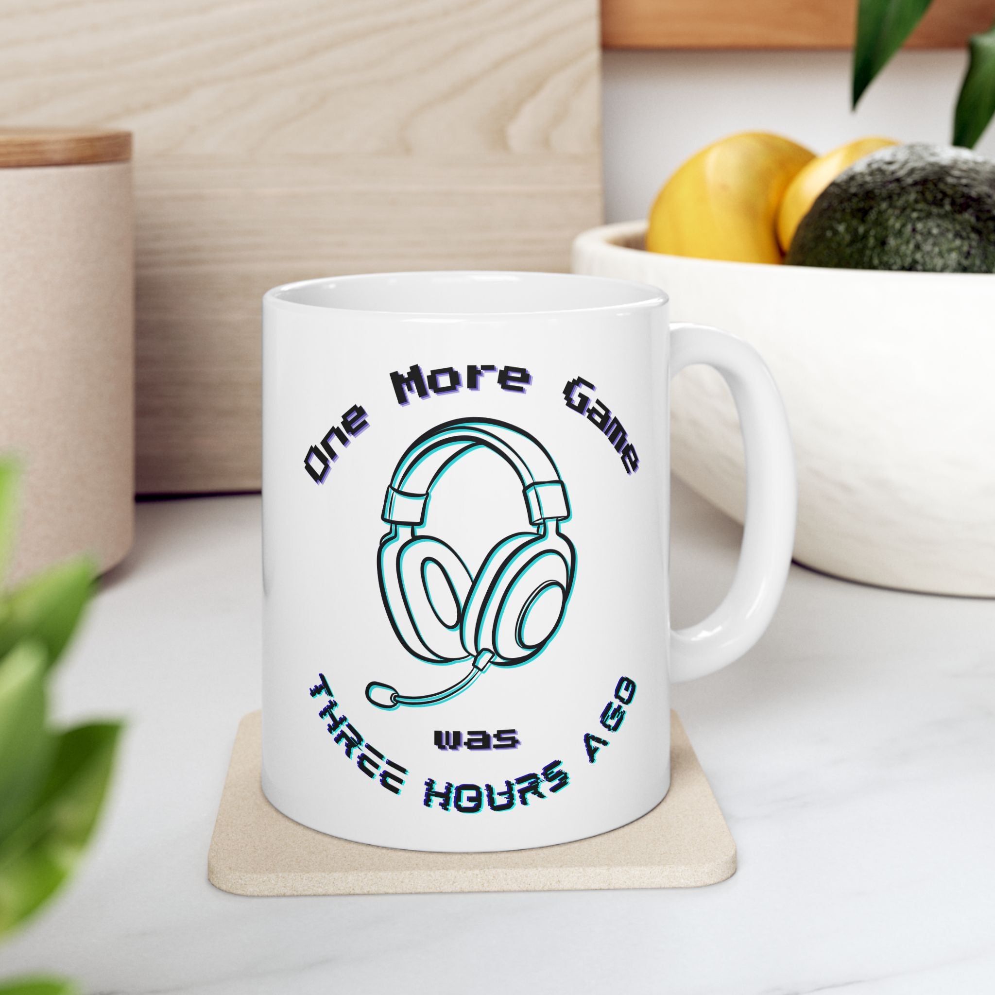 One More Game Was Three Hours Ago Mug, Funny Gamer Humor, Retro Neon White Ceramic