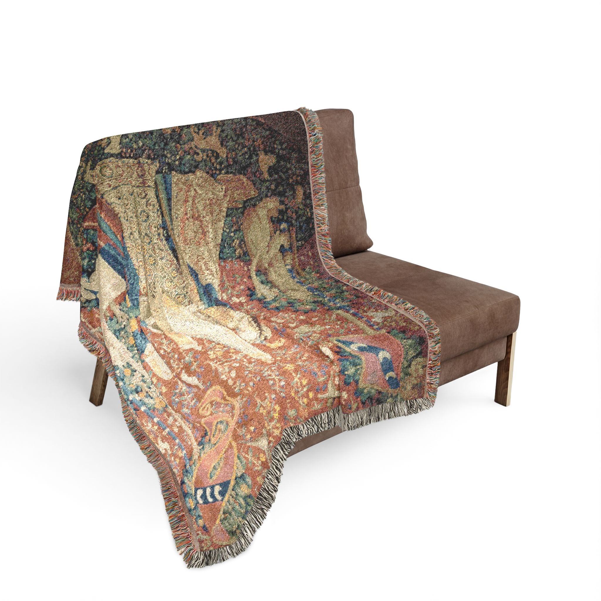 The Lady and the Unicorn Hearing Woven Blanket, Medieval Tapestry Art Throw
