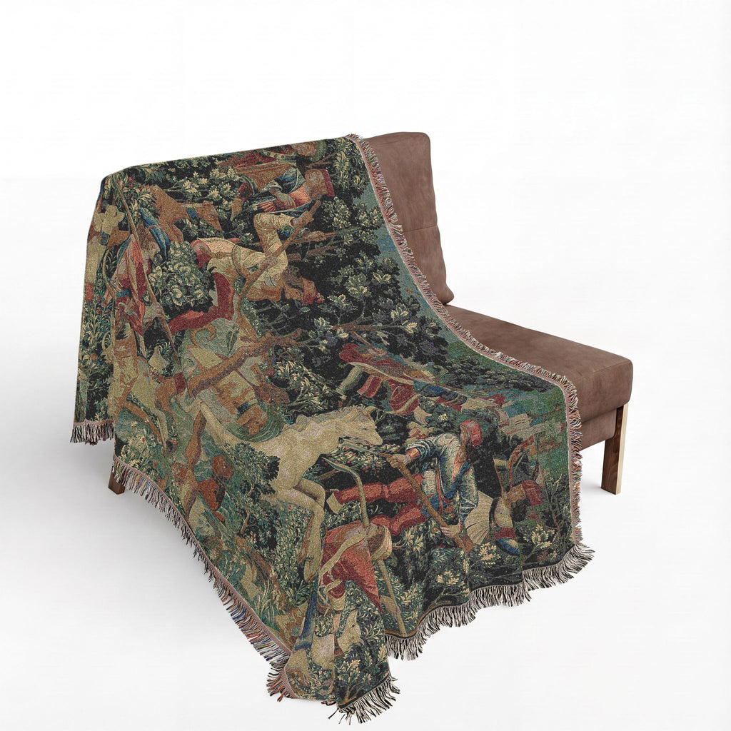The Unicorn Crosses a Stream Woven Blanket, Medieval Unicorn Tapestry Art Throw
