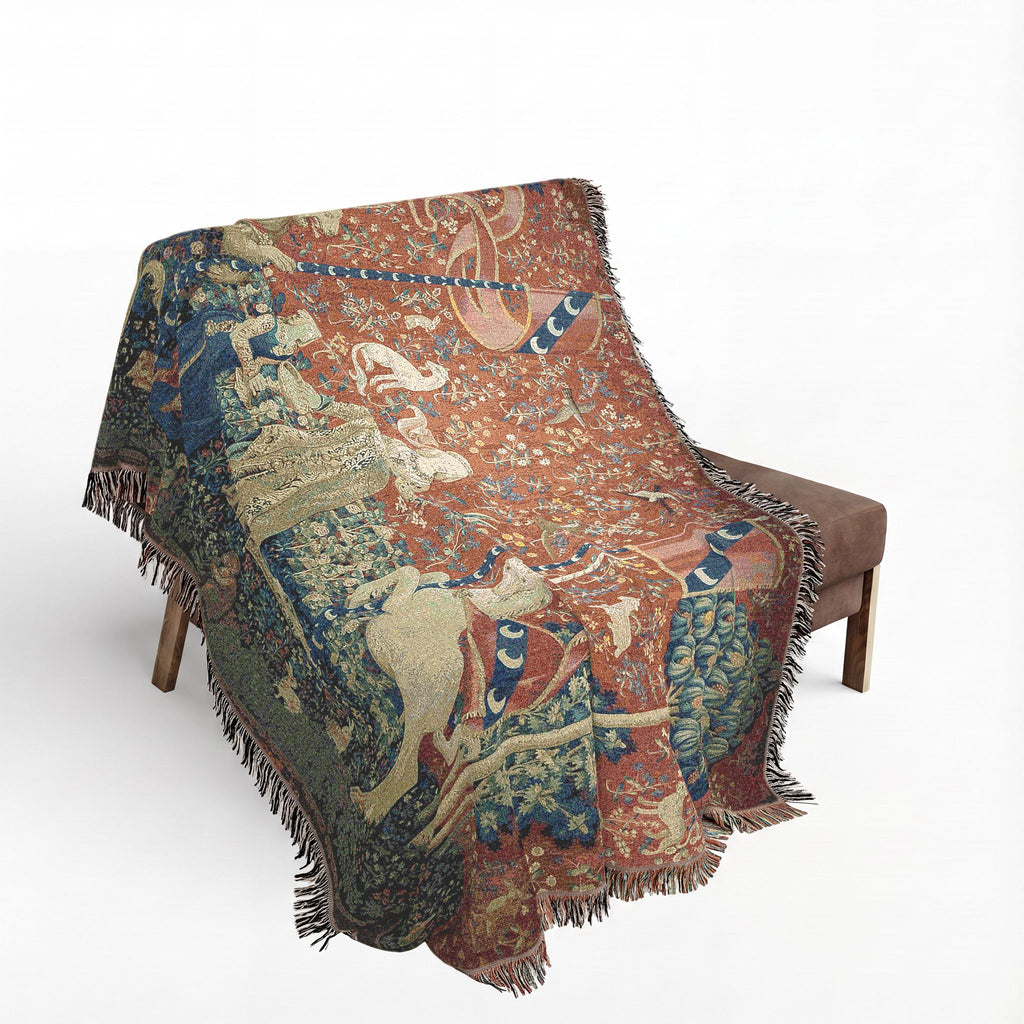 The Lady and the Unicorn Taste Woven Blanket, Medieval Tapestry Art Throw