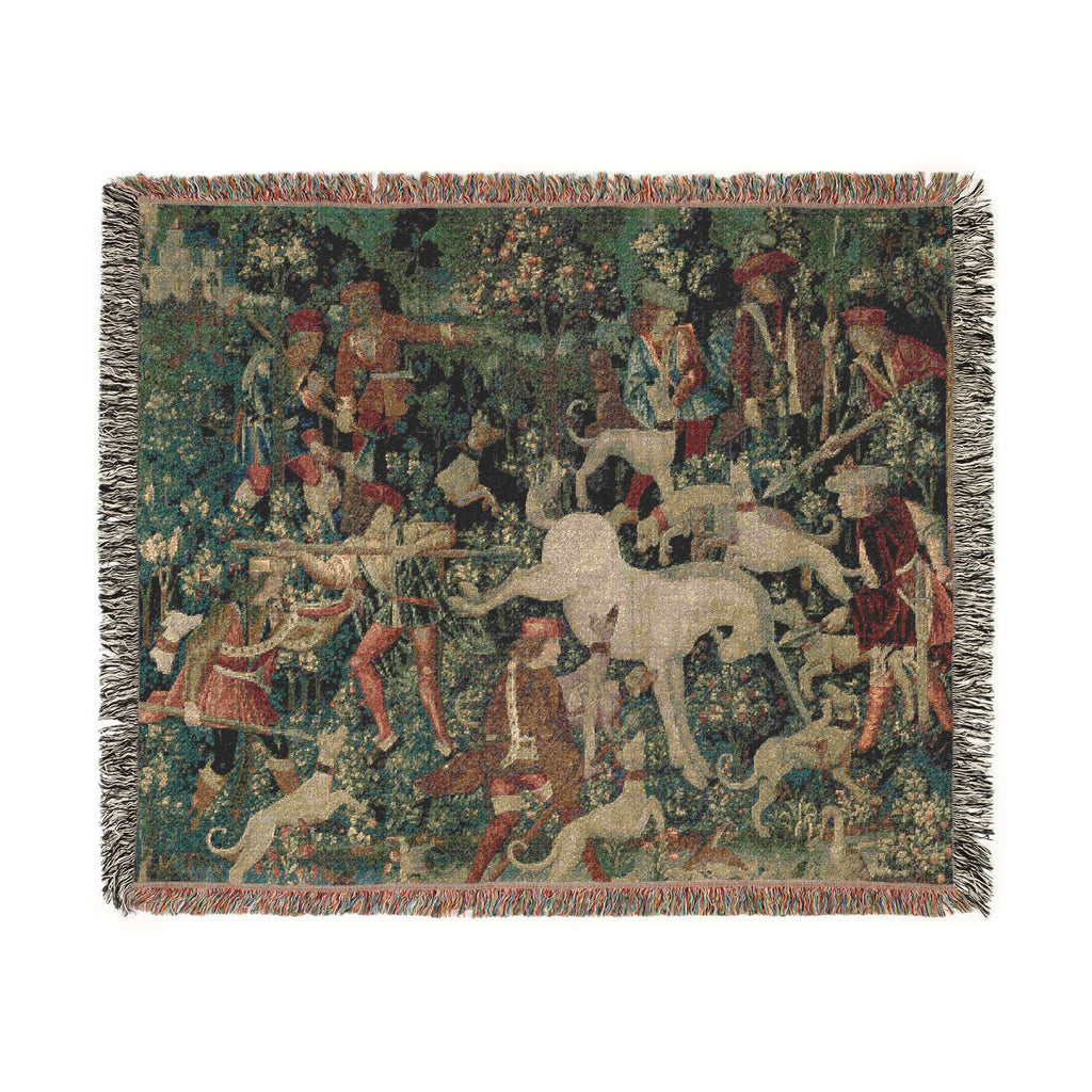 The Unicorn Defends Himself Woven Blanket, Medieval Unicorn Tapestry Art Throw