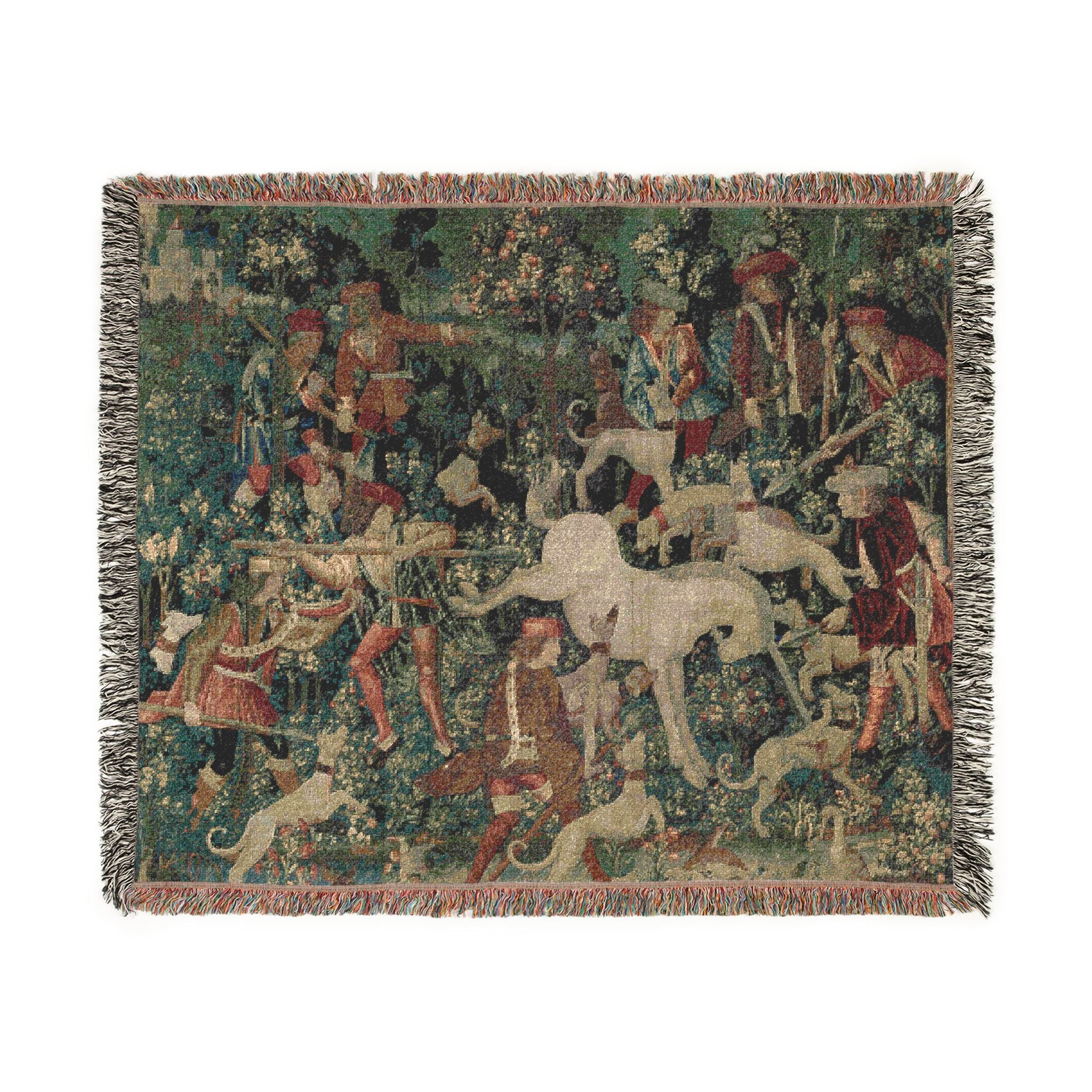 The Unicorn Defends Himself Woven Blanket, Medieval Unicorn Tapestry Art Throw