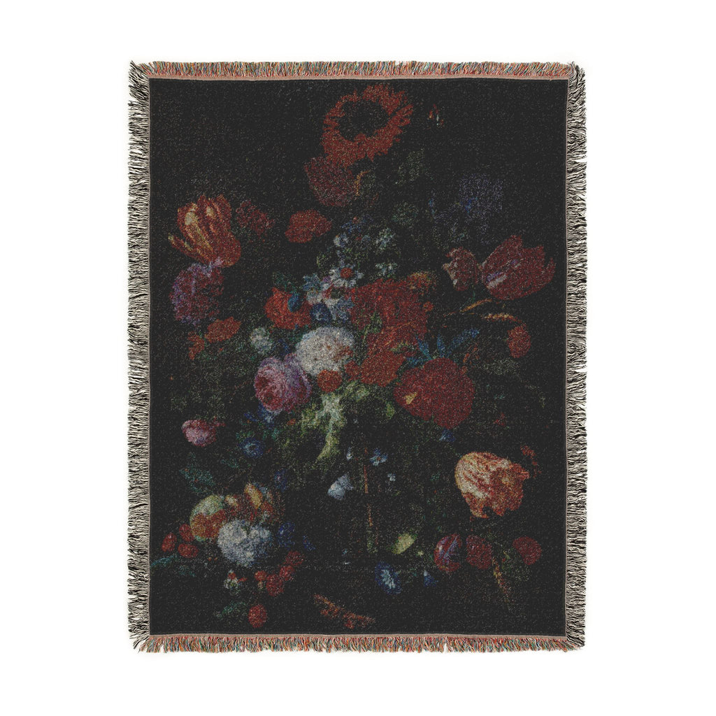 Glass Vase with Flowers and Fruit Woven Blanket, Jan Davidsz. de Heem, Dutch Still Life Art