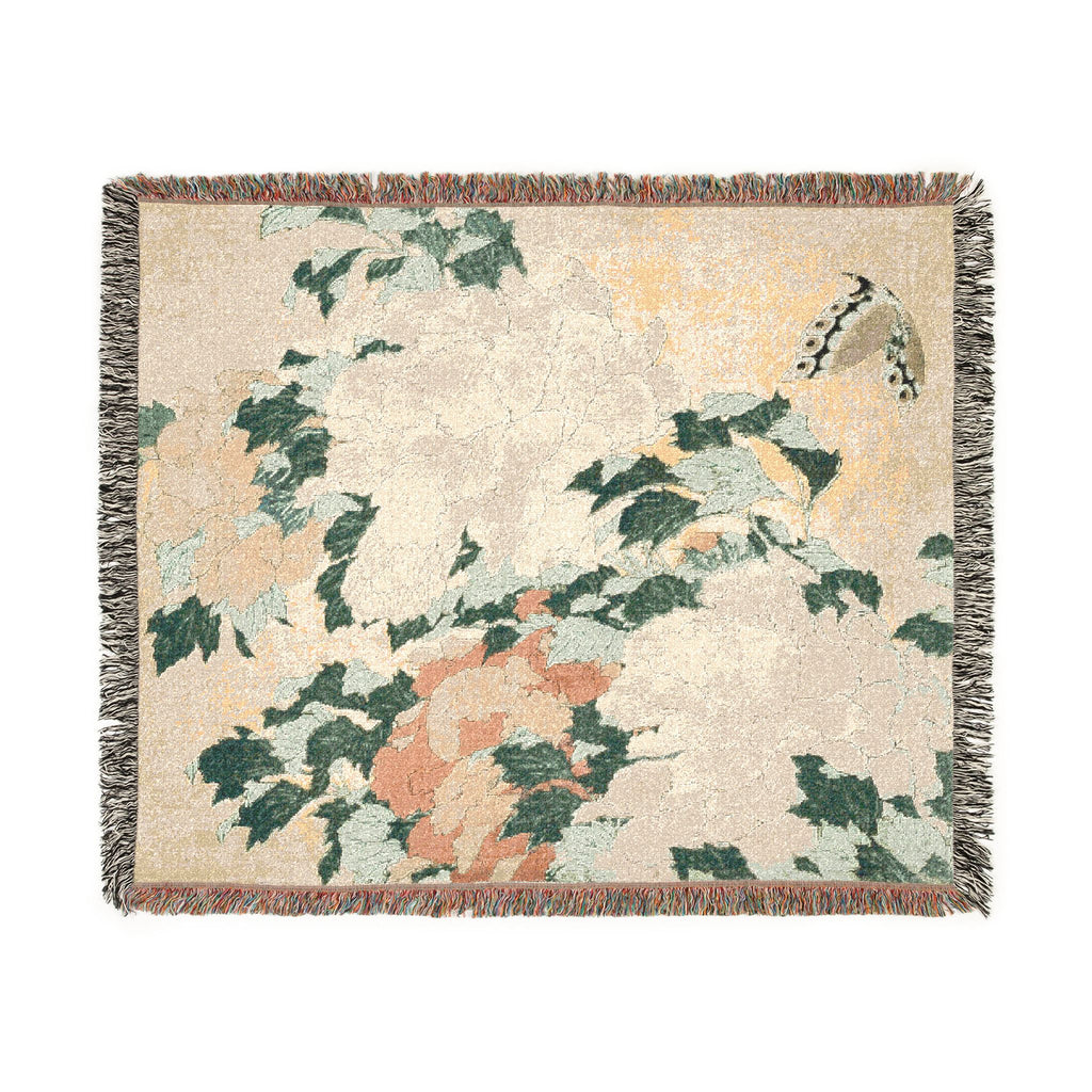 Peonies and Butterfly Woven Blanket, Katsushika Hokusai, Japanese Botanical Art Throw
