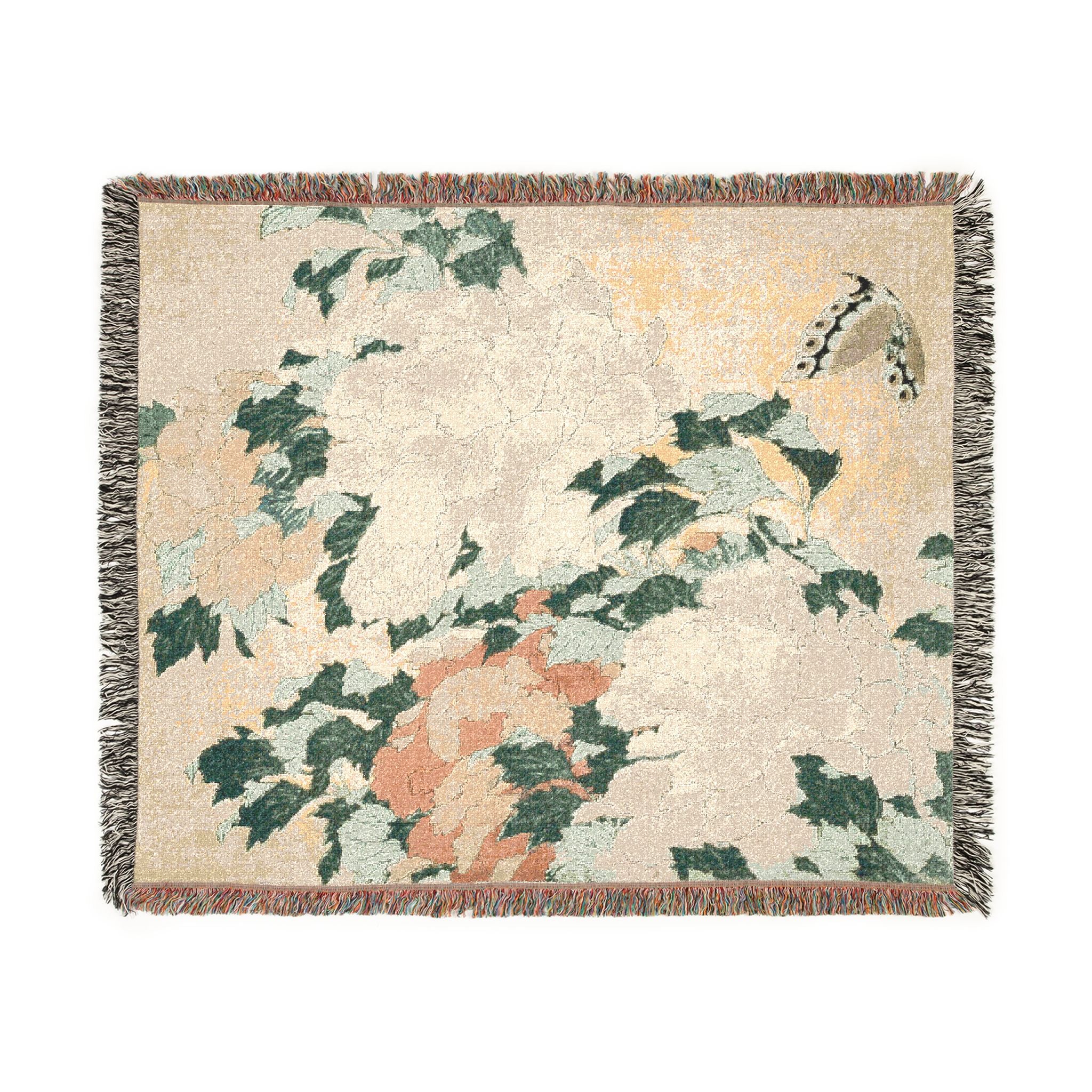 Peonies and Butterfly Woven Blanket, Katsushika Hokusai, Japanese Botanical Art Throw