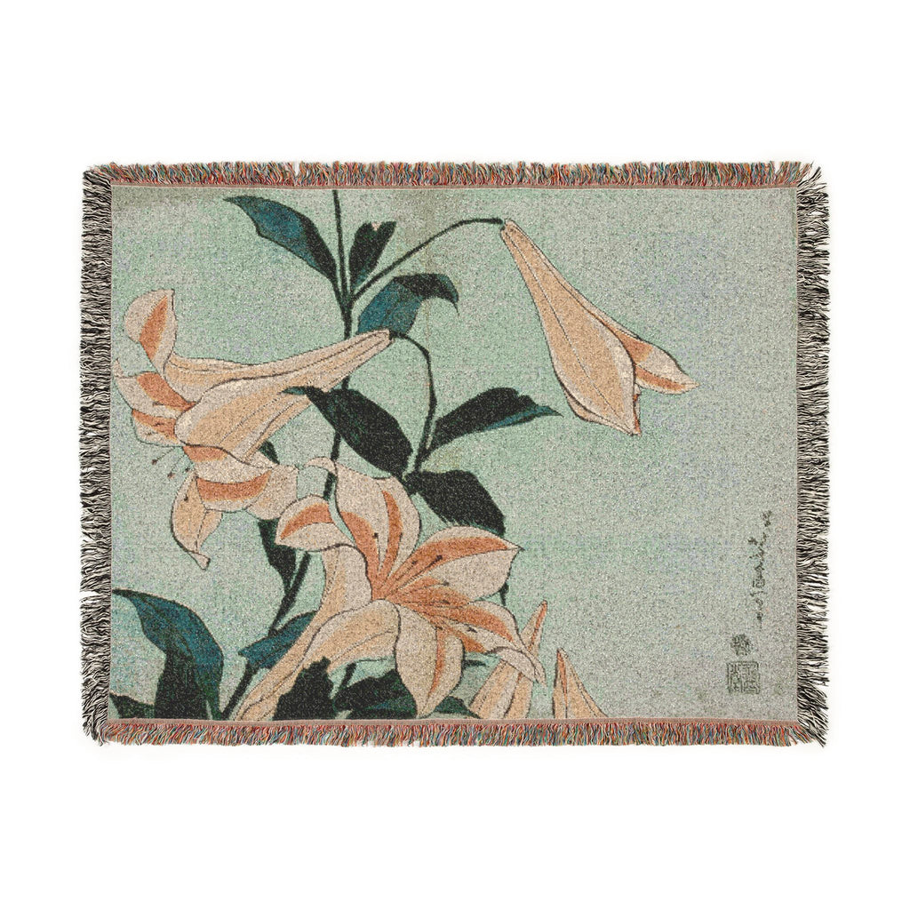 Lilies Woven Blanket, Katsushika Hokusai, Japanese Botanical Art Throw
