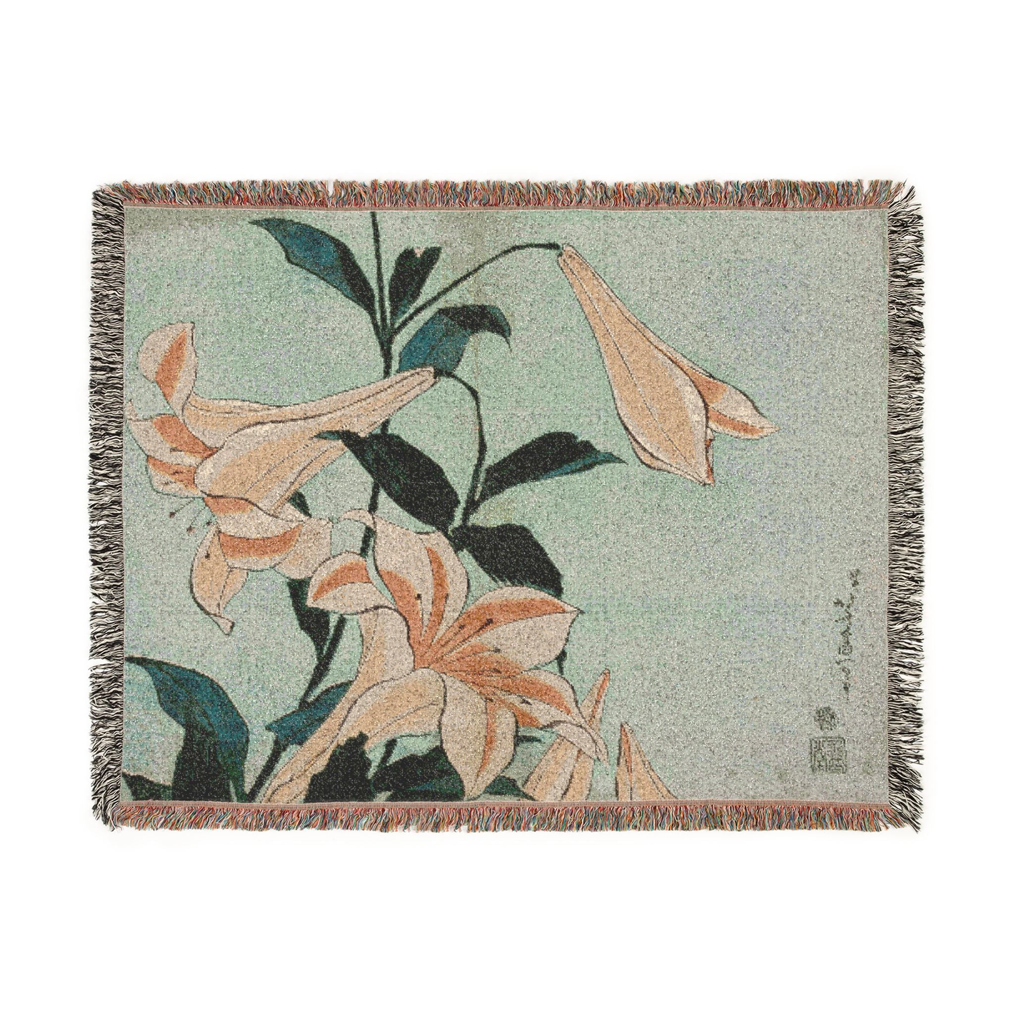 Lilies Woven Blanket, Katsushika Hokusai, Japanese Botanical Art Throw