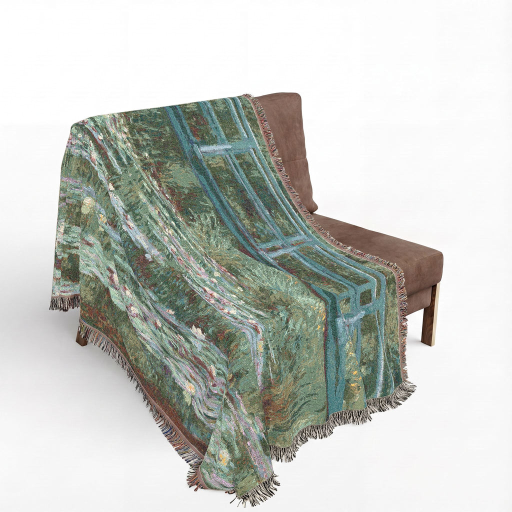Japanese Footbridge Woven Blanket, Claude Monet, Impressionist Garden Art Throw