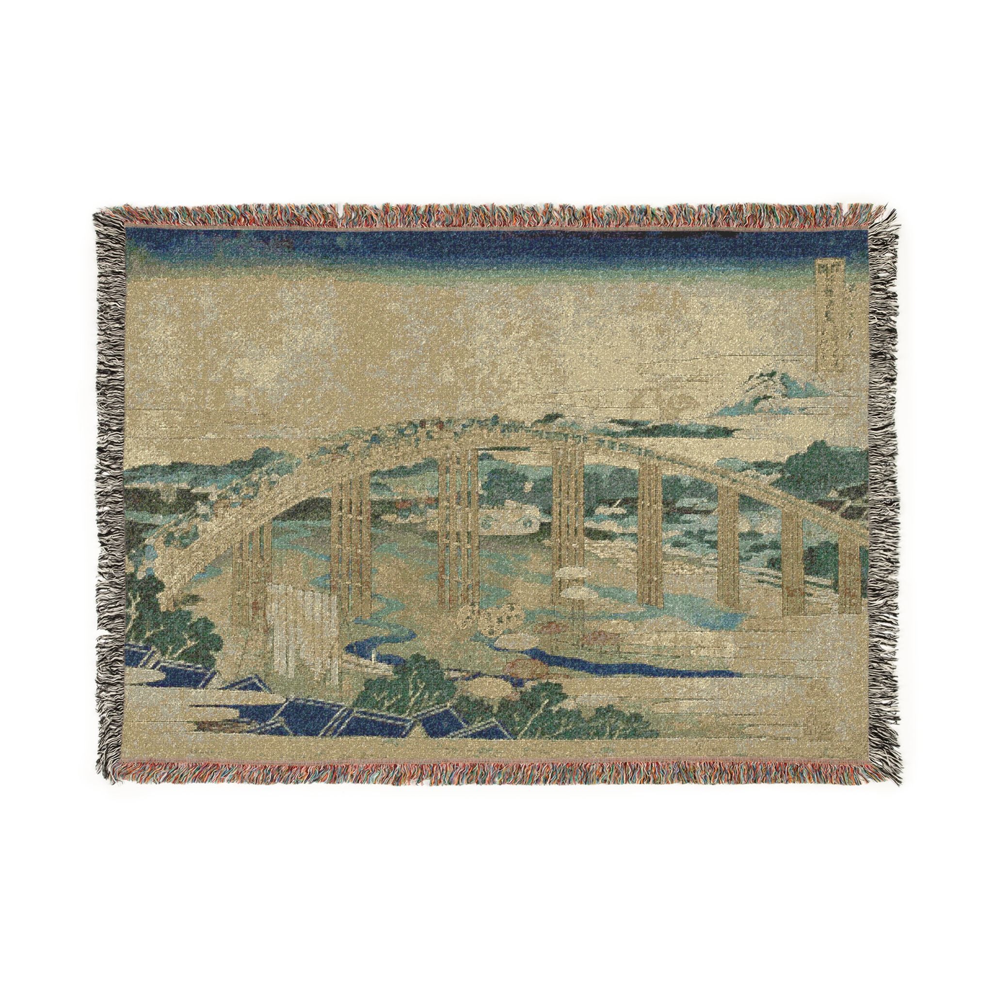 Yahagi Bridge at Okazaki Woven Blanket, Katsushika Hokusai, Muted Japanese Woodblock Art