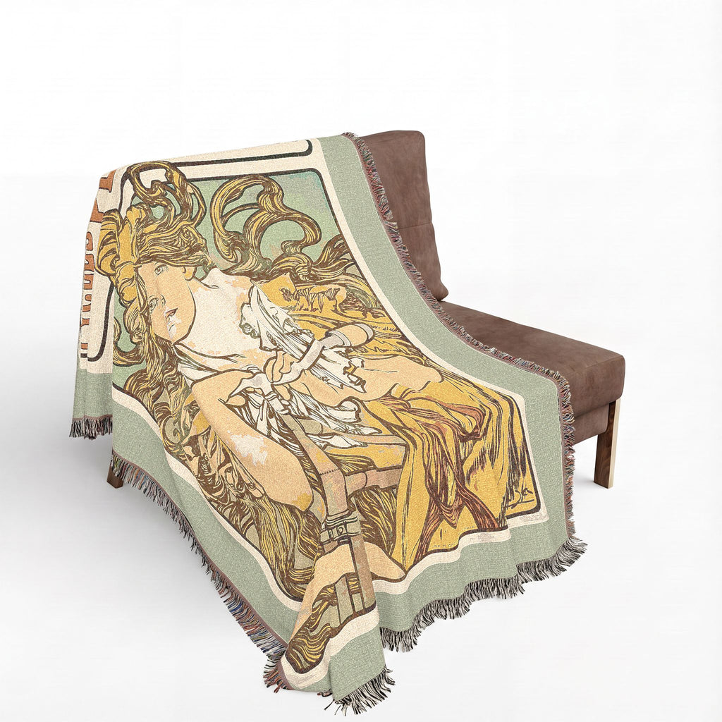 Cycles Perfecta Woven Blanket, Alphonse Mucha, Art Nouveau Bicycle Poster