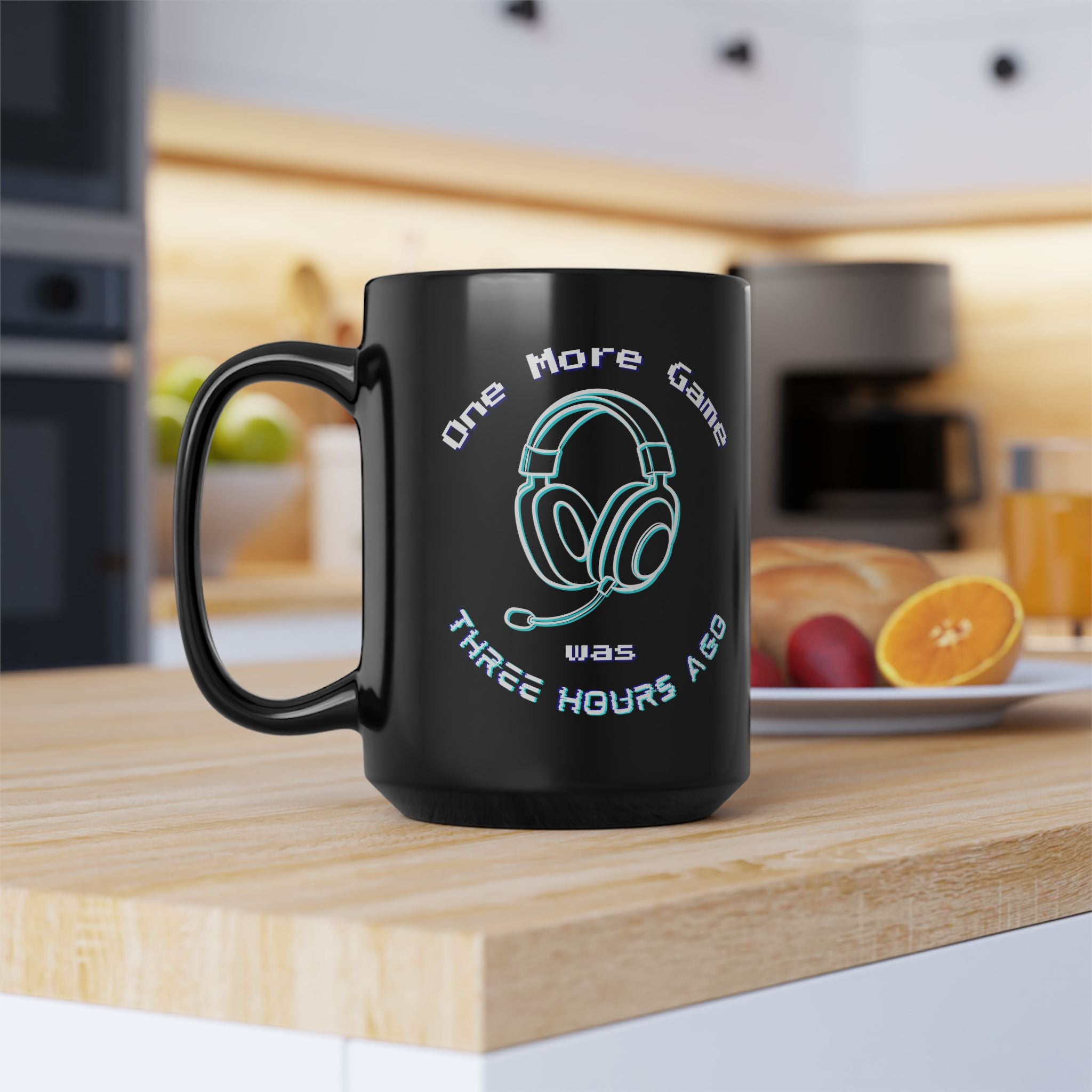 One More Game Was Three Hours Ago Mug, Funny Gamer Humor, Retro Neon Black Ceramic