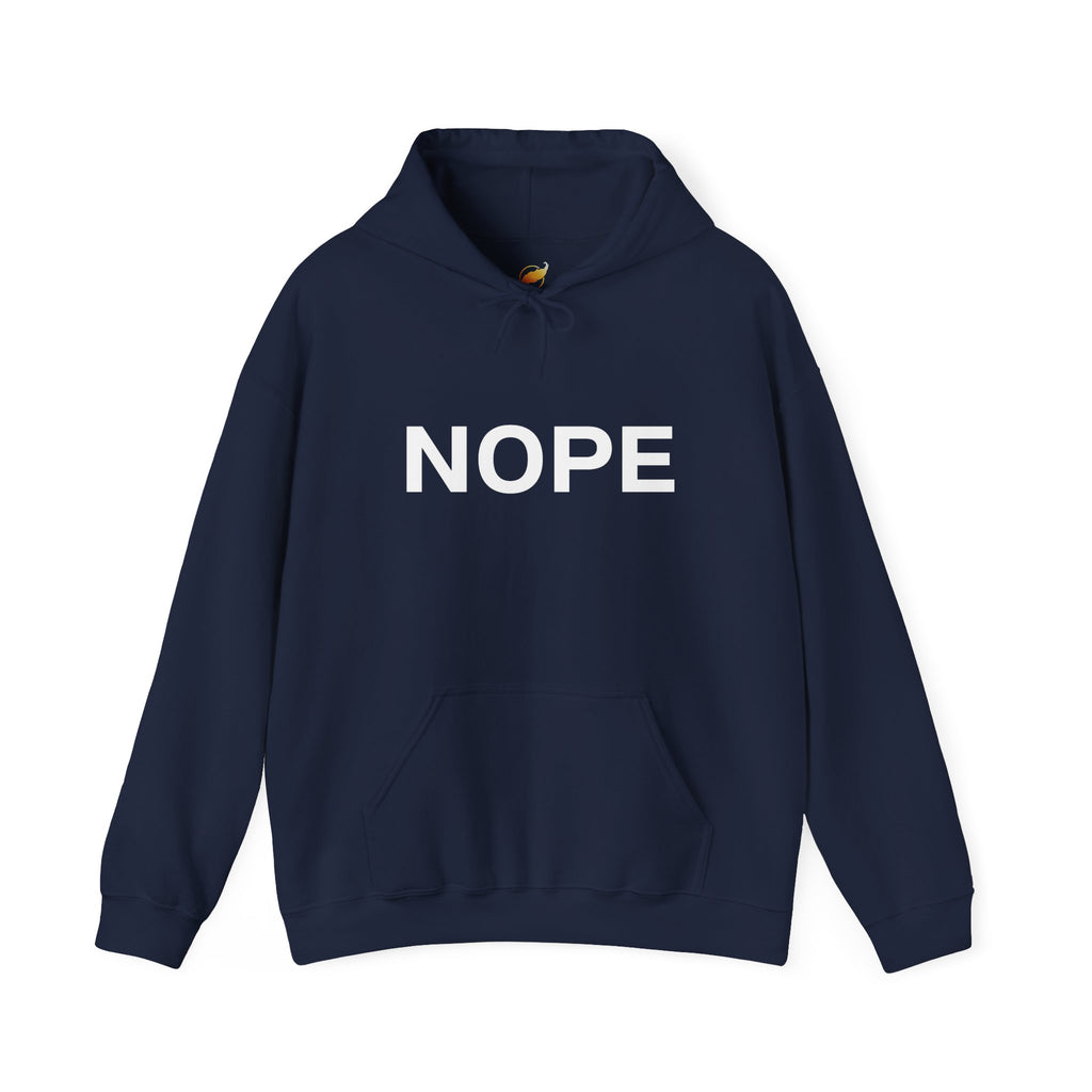 A navy pullover hoodie with the word 'NOPE' printed in bold white capital letters across the chest on a solid white background.