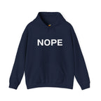 A navy pullover hoodie with the word 'NOPE' printed in bold white capital letters across the chest on a solid white background.