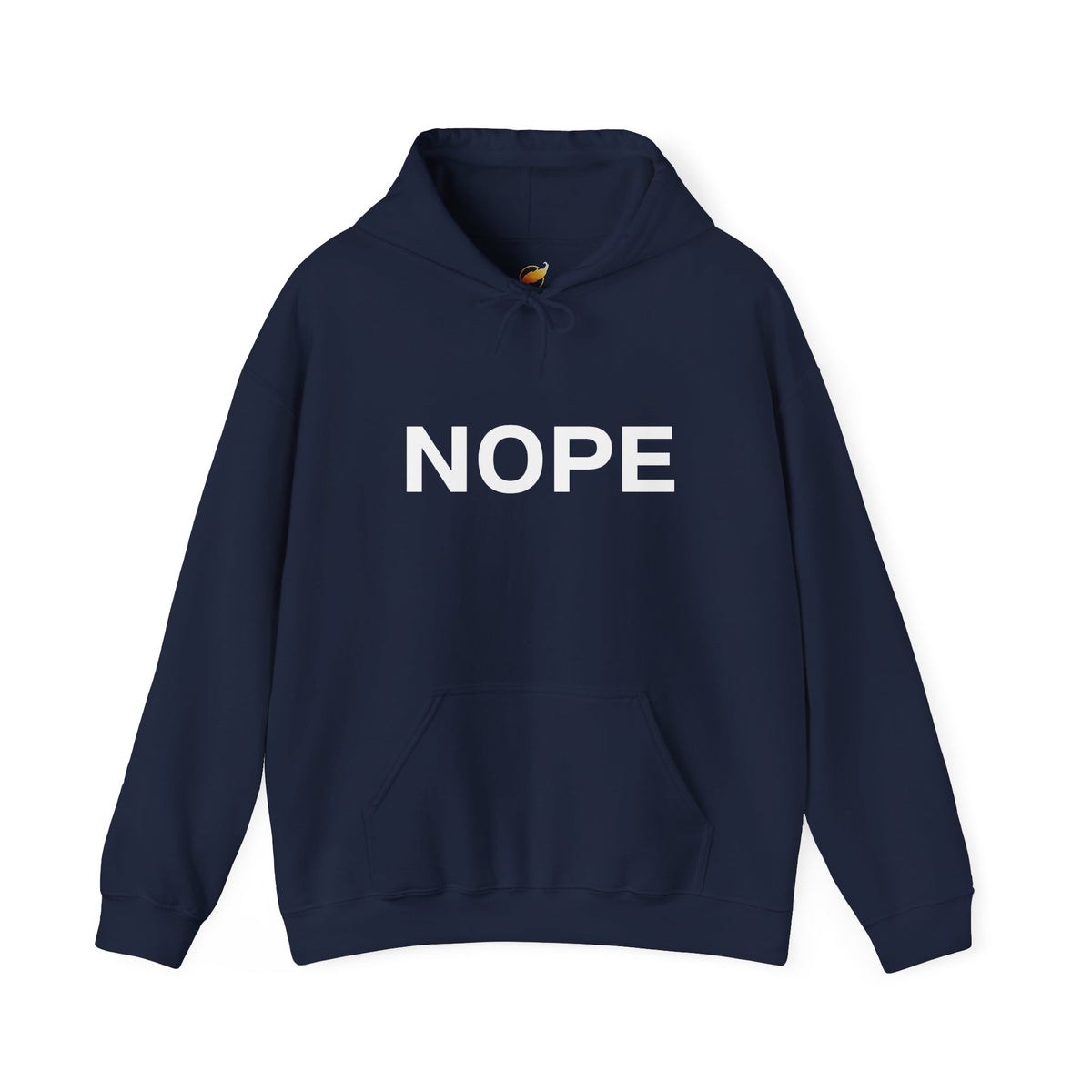 A navy pullover hoodie with the word 'NOPE' printed in bold white capital letters across the chest on a solid white background.