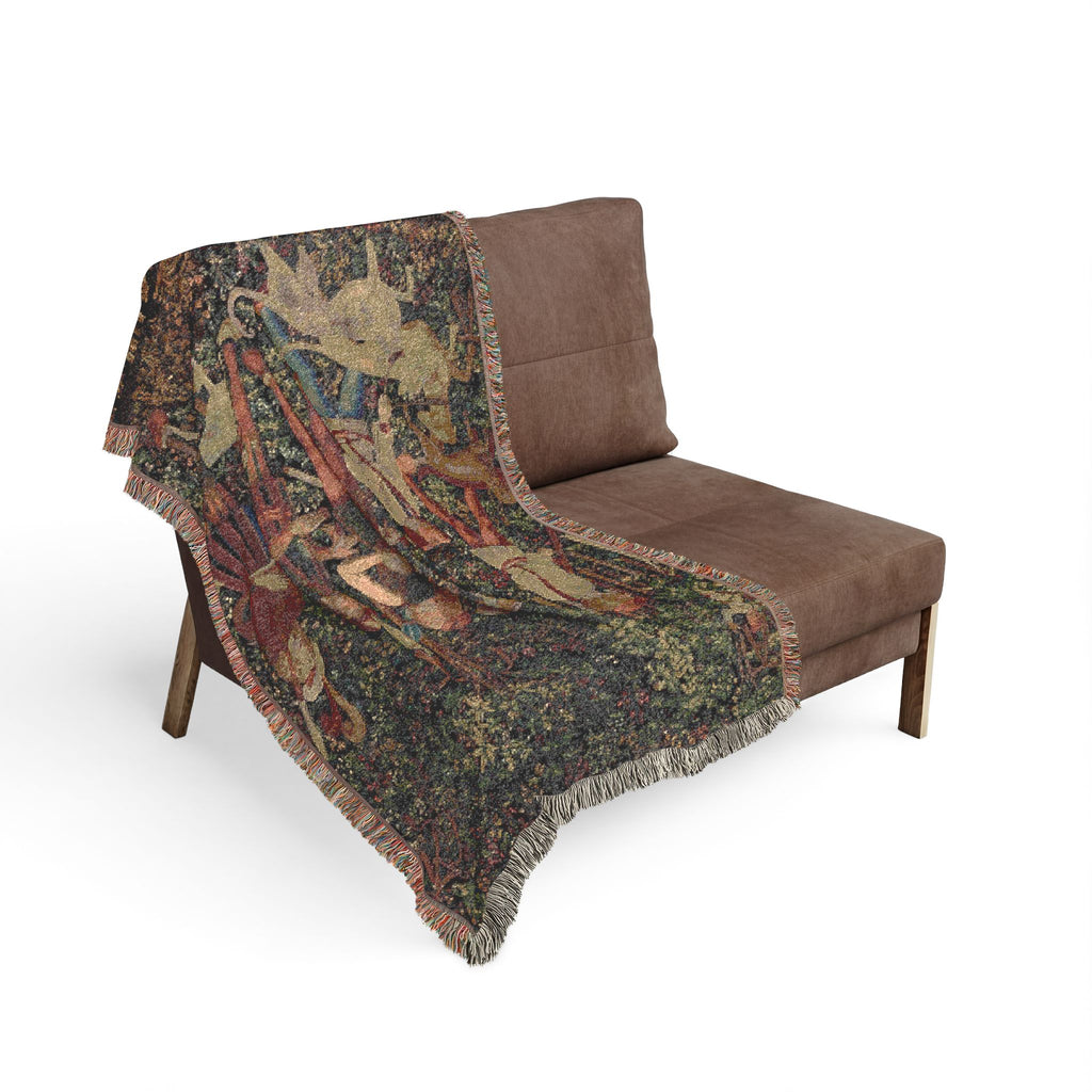 The Hunters Enter the Woods Woven Blanket, Medieval Unicorn Tapestry Art Throw