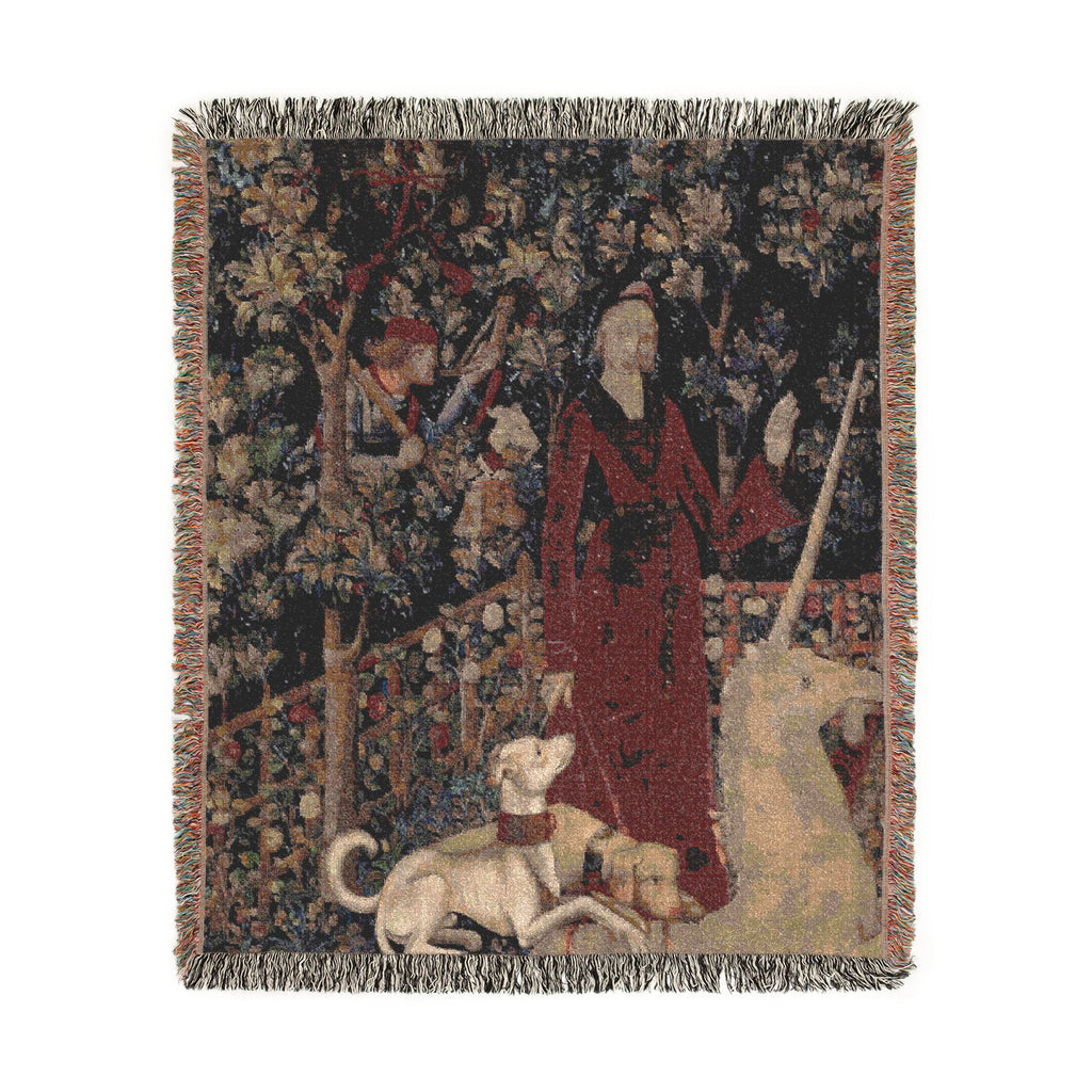 The Mystic Capture of the Unicorn Woven Blanket, Medieval Unicorn Tapestry Art Throw
