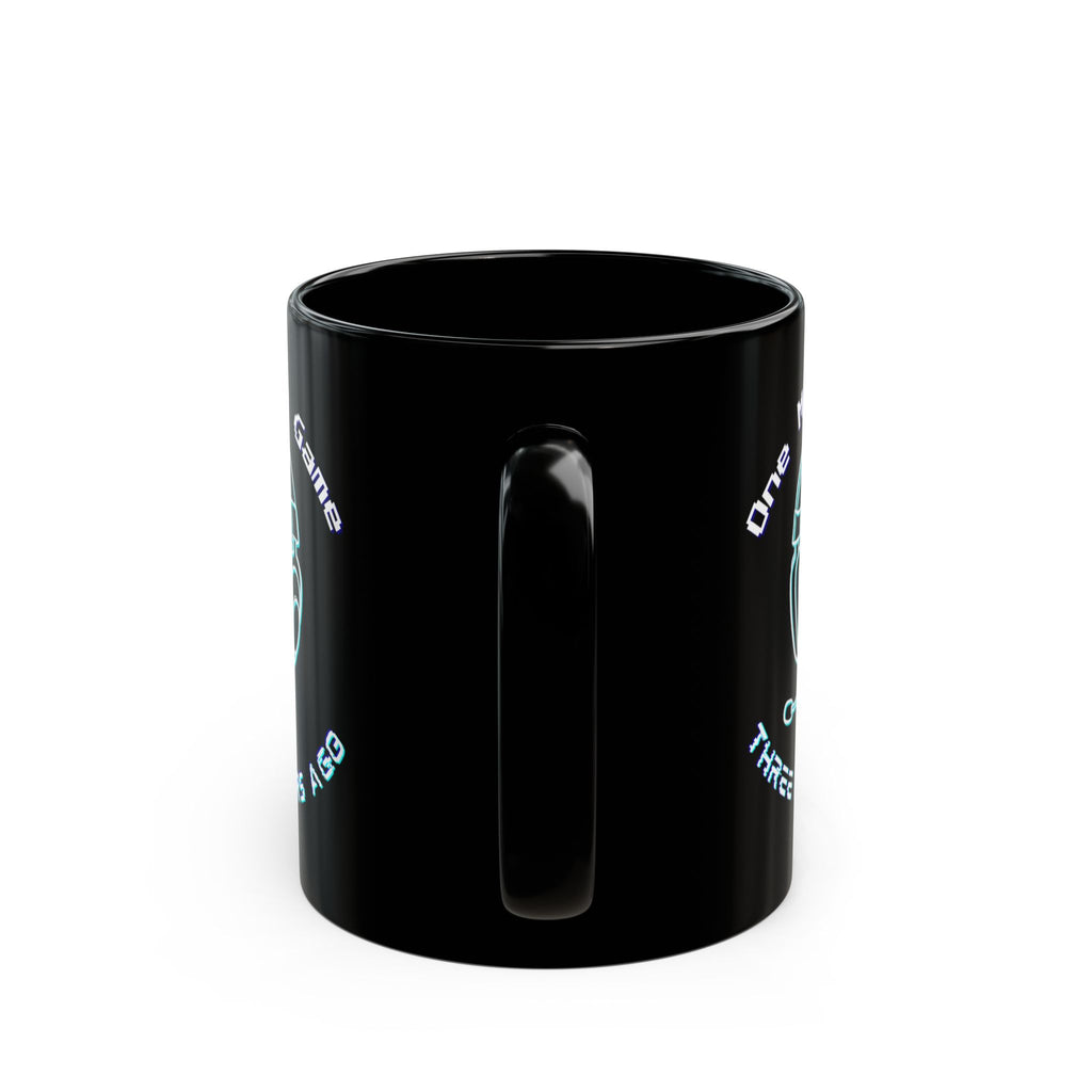 One More Game Was Three Hours Ago Mug, Funny Gamer Humor, Retro Neon Black Ceramic