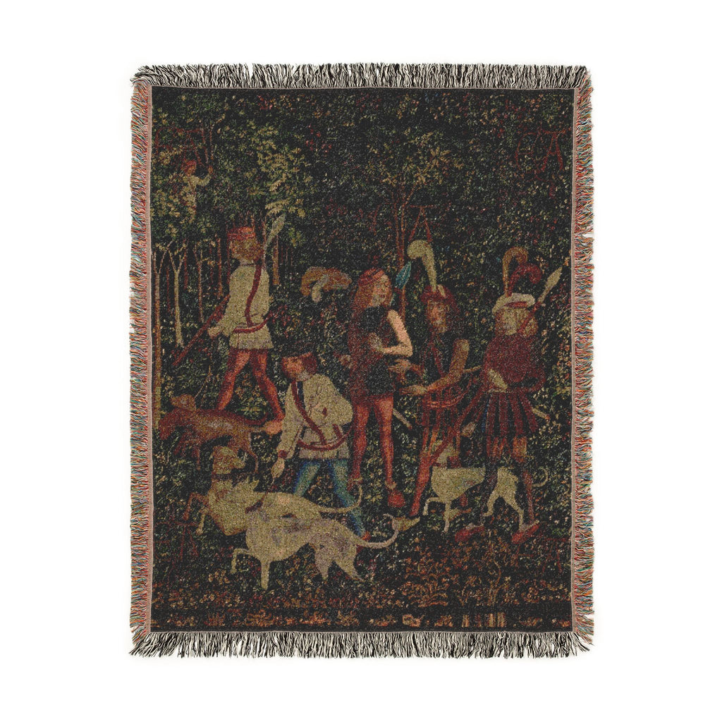 The Hunters Enter the Woods Woven Blanket, Medieval Unicorn Tapestry Art Throw