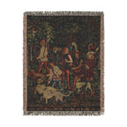 The Hunters Enter the Woods Woven Blanket, Medieval Unicorn Tapestry Art Throw