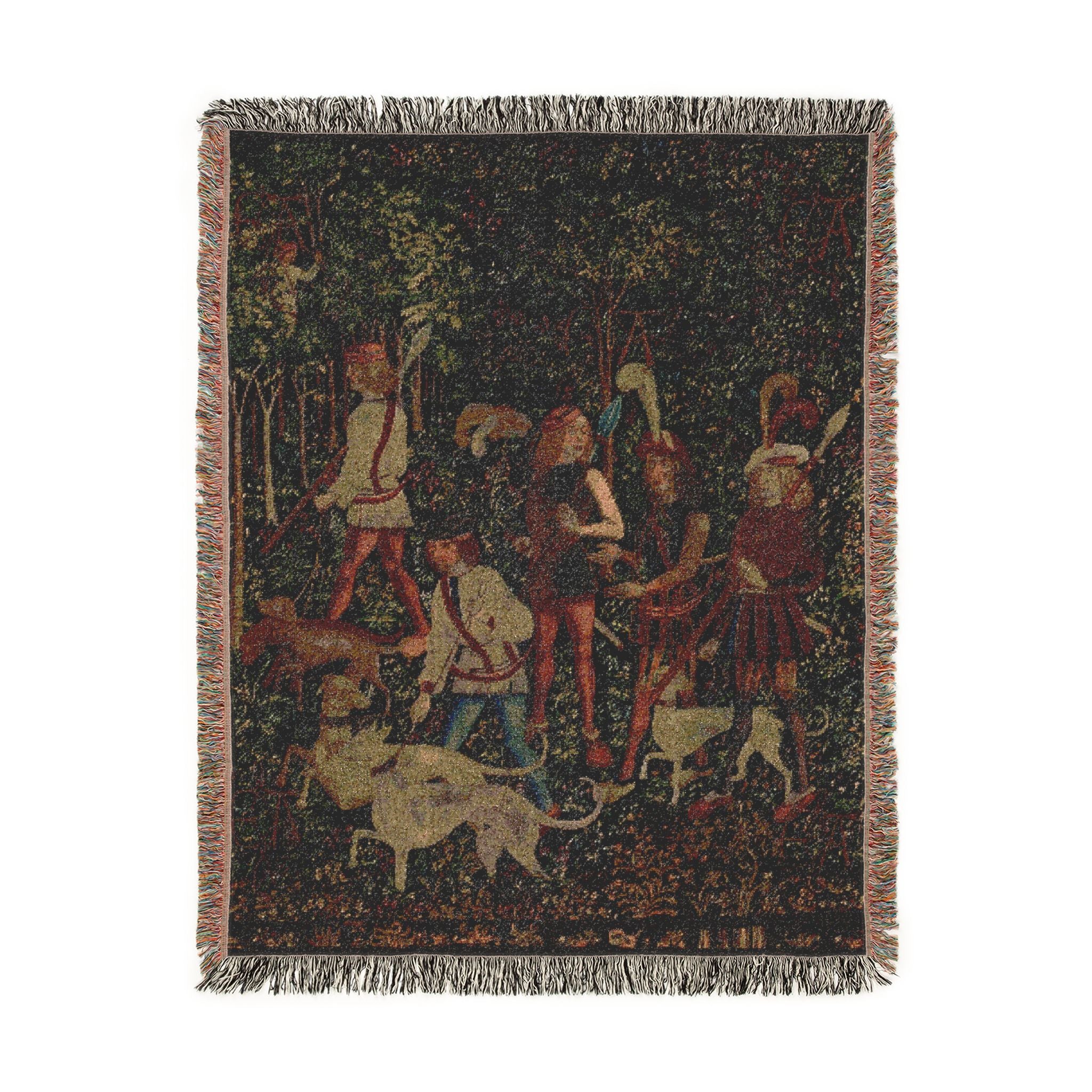 The Hunters Enter the Woods Woven Blanket, Medieval Unicorn Tapestry Art Throw