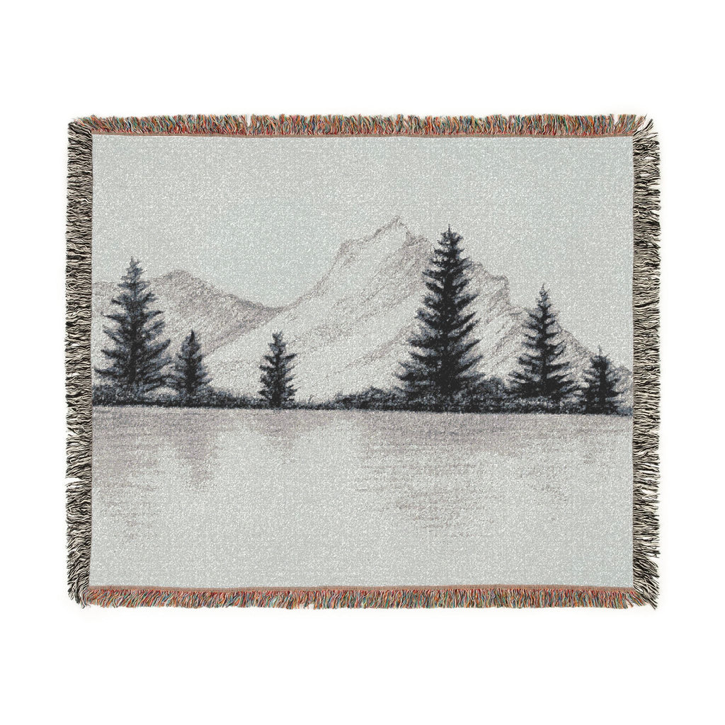 Mountain Lake Reflection Woven Blanket | Scenic Pine Trees, Neutral Tones