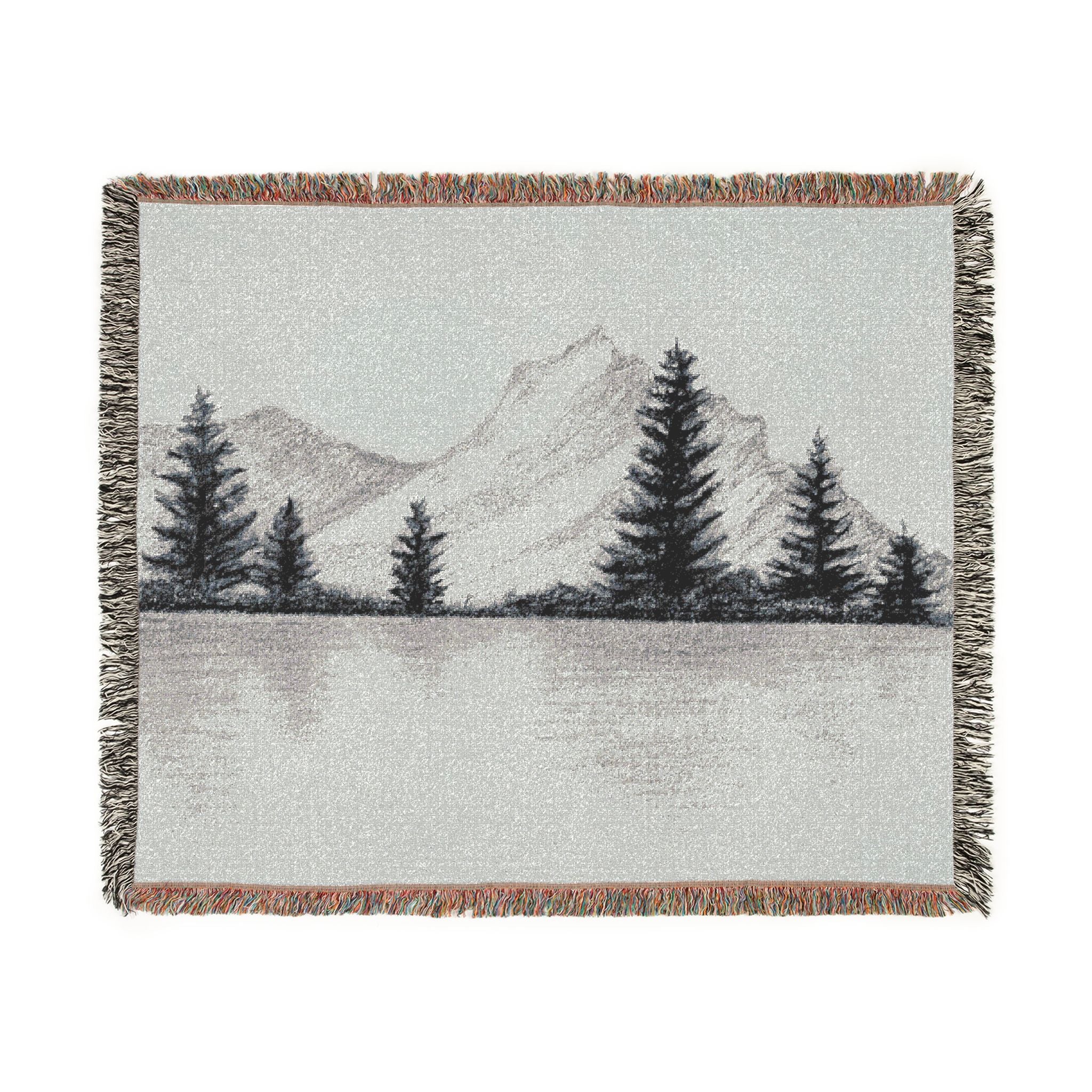 Mountain Lake Reflection Woven Blanket | Scenic Pine Trees, Neutral Tones