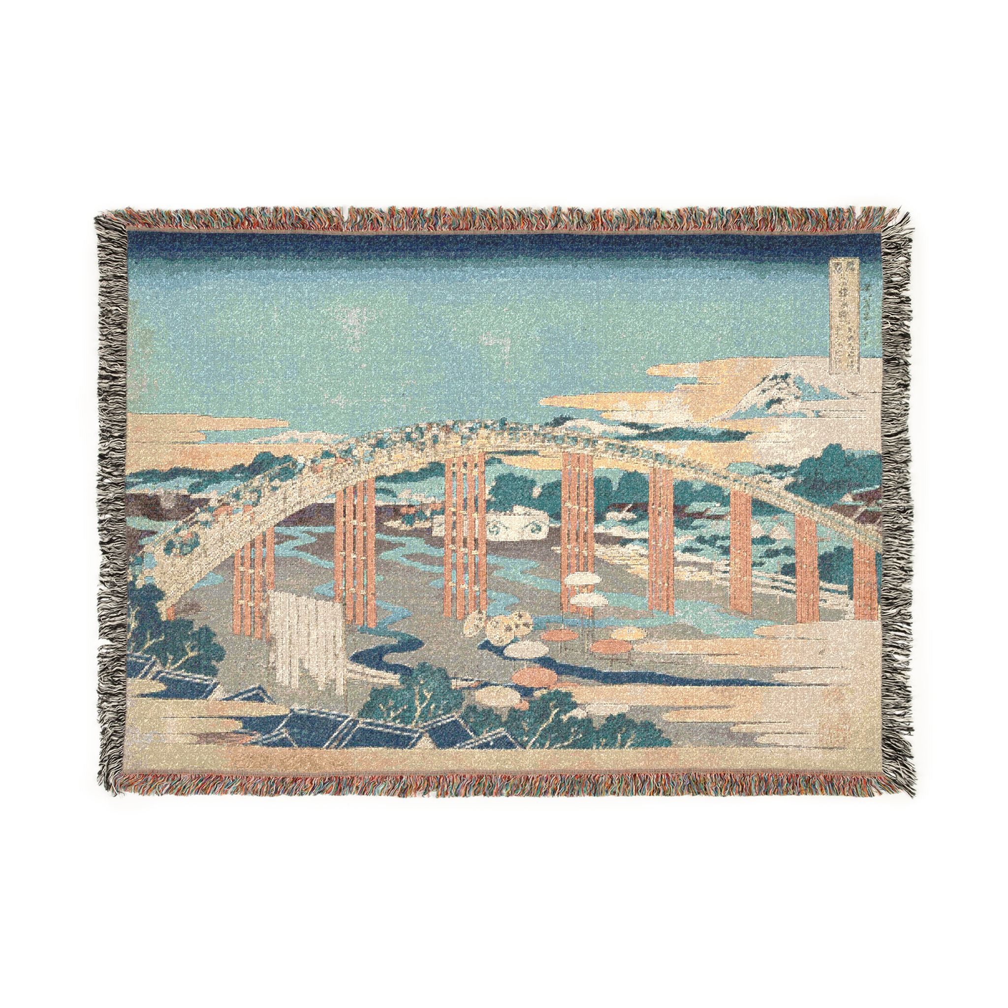 Yahagi Bridge at Okazaki Woven Blanket, Katsushika Hokusai, Blue Toned Japanese Woodblock Art