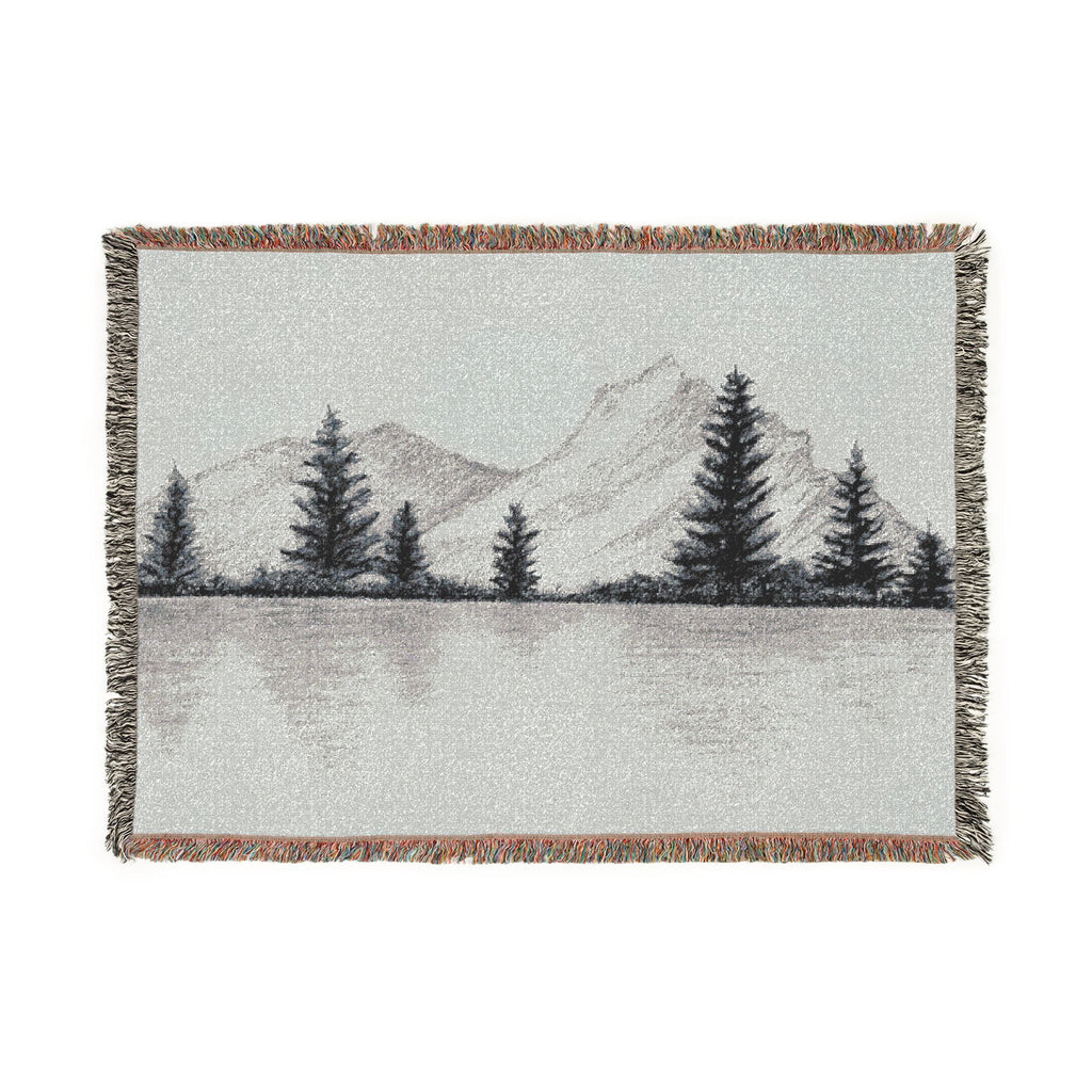 Mountain Lake Reflection Woven Blanket | Scenic Pine Trees, Neutral Tones