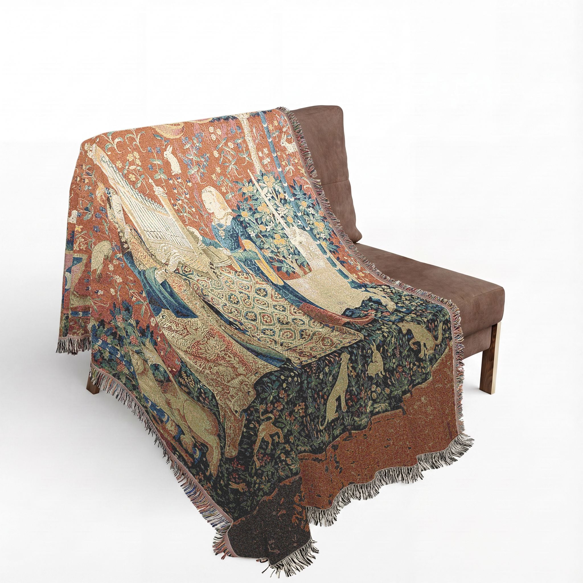 The Lady and the Unicorn Hearing Woven Blanket, Medieval Tapestry Art Throw