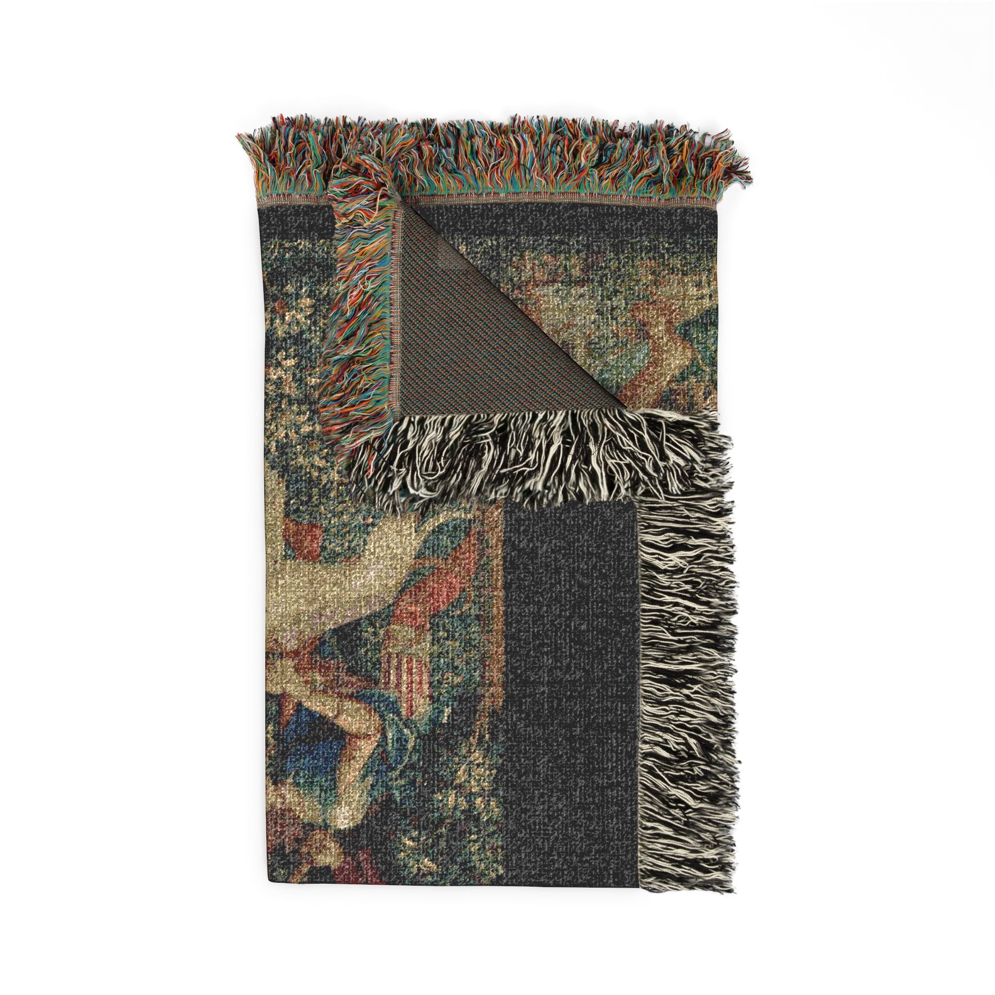 The Unicorn Crosses a Stream Woven Blanket, Medieval Unicorn Tapestry Art Throw