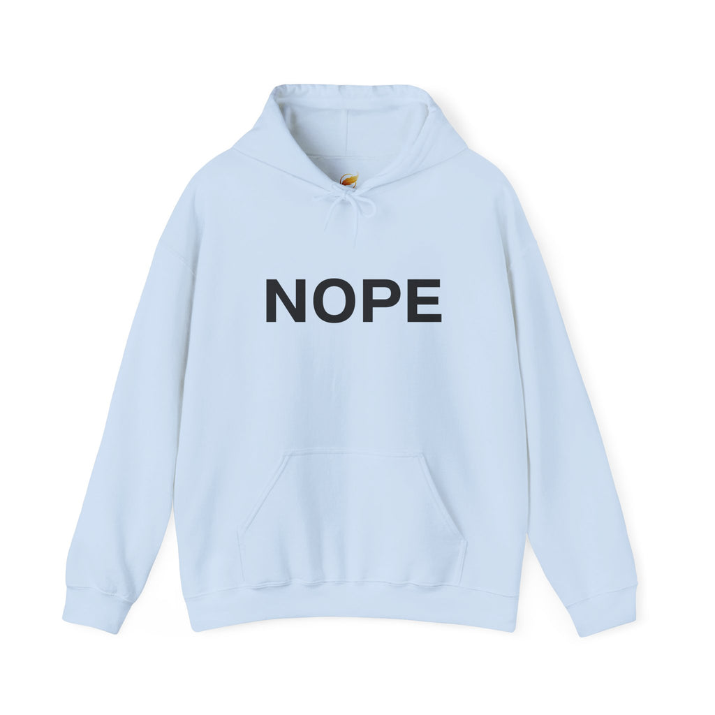 A light blue pullover hoodie with the word 'NOPE' printed in bold black capital letters across the chest on a solid white background.